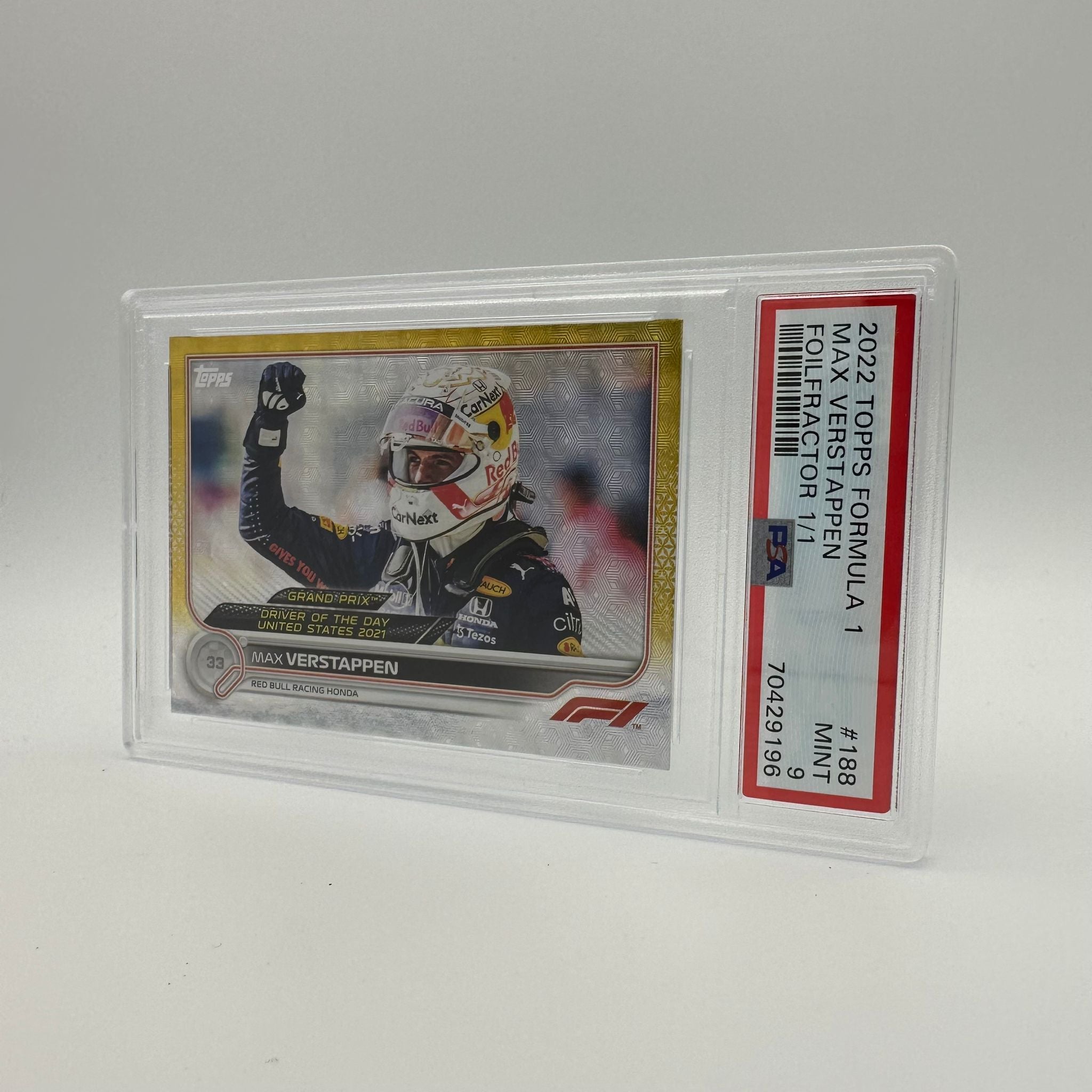 PSA 9 1/1 Max Verstappen #188 2021 Topps Chrome Formula 1 Driver of the Day Foilfractor Trading Card - Perfect for F1 Collectors and Racing Fans Display
