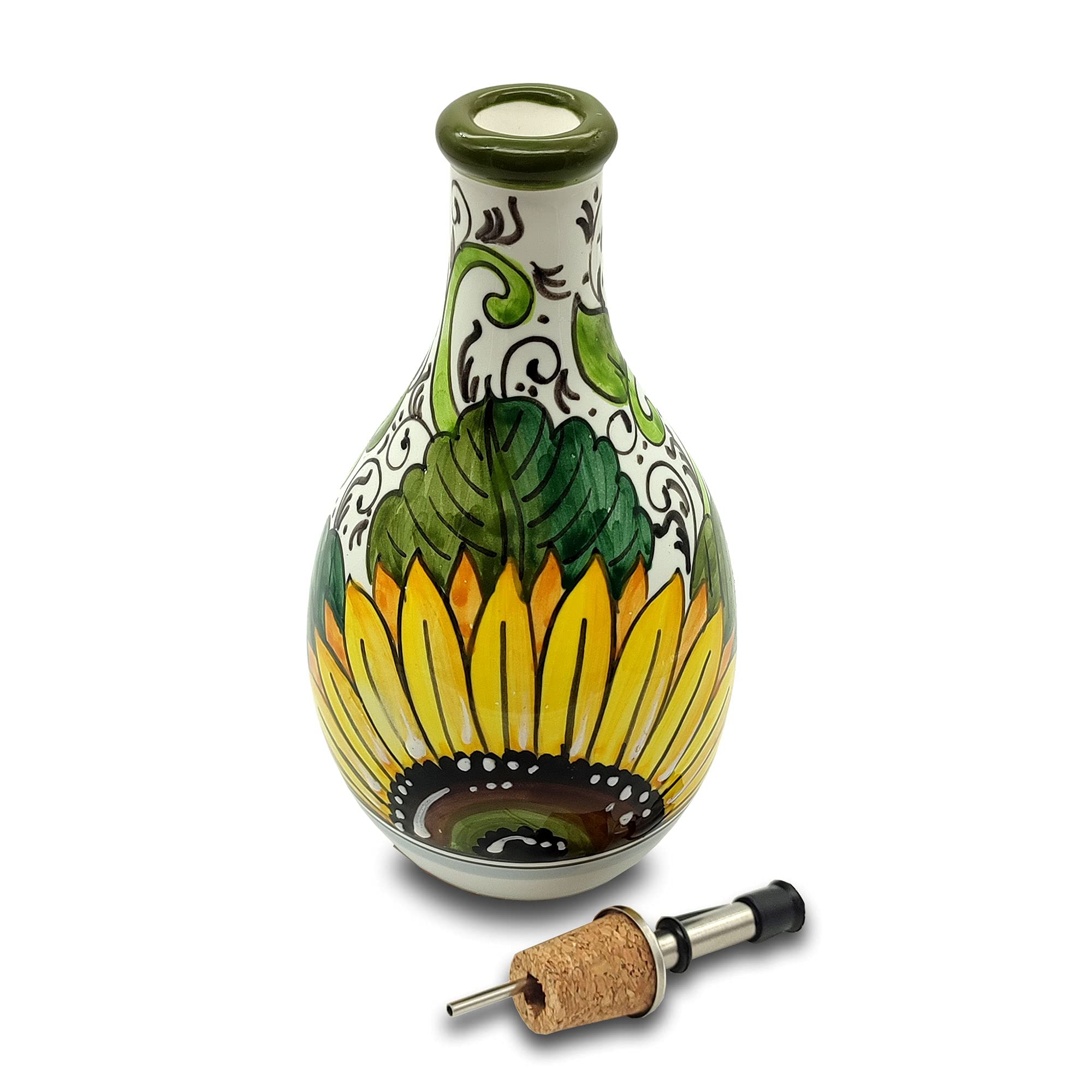 Italian Hand-Painted Ceramic Olive Oil Dispenser Bottle - Sunflower Design Kitchen Oil Cruet - Authentic Tuscan Pottery from Italy - Perfect for Cooking, Salad Dressing & Gourmet Gift Giving