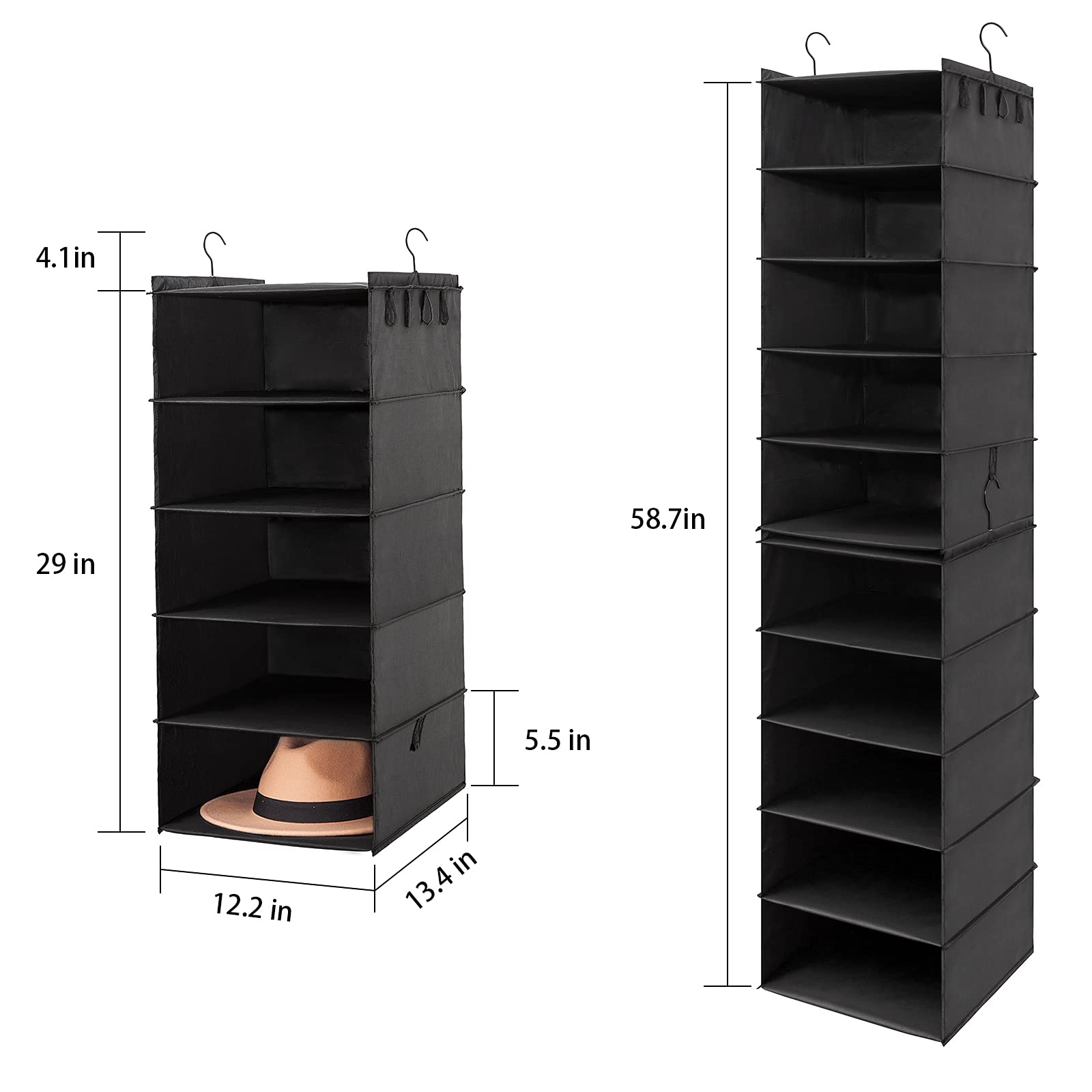 2-Pack Black Hat Rack for Closet - 10-Shelf Hanging Organizer for Fedoras, Cowboy Hats & Wide Brim Sunhats - Space-Saving Cap Storage Solution - Easy to Install (Perfect for Bedroom, Walk-in Closet & Entryway Organization)