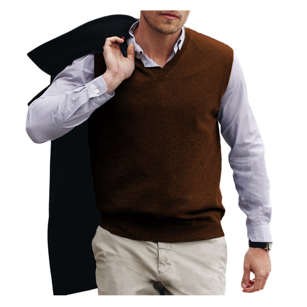Parisbonbon Men's 100% Cashmere V-Neck Sweater Vest - Soft & Warm Chocolate Brown Color, Size XS - Perfect for Layering in Fall & Winter, Office Wear & Casual Outfits