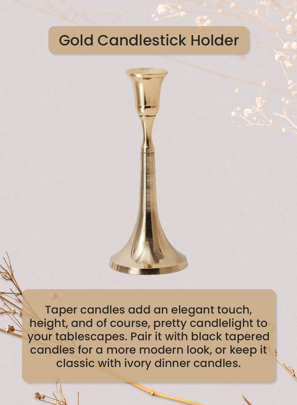 Serene Spaces Living Gold Candlestick Holder - 7 Inch Tall, 3 Inch Diameter - Elegant Home Decor for Dining Table, Wedding Centerpiece & Romantic Ambiance