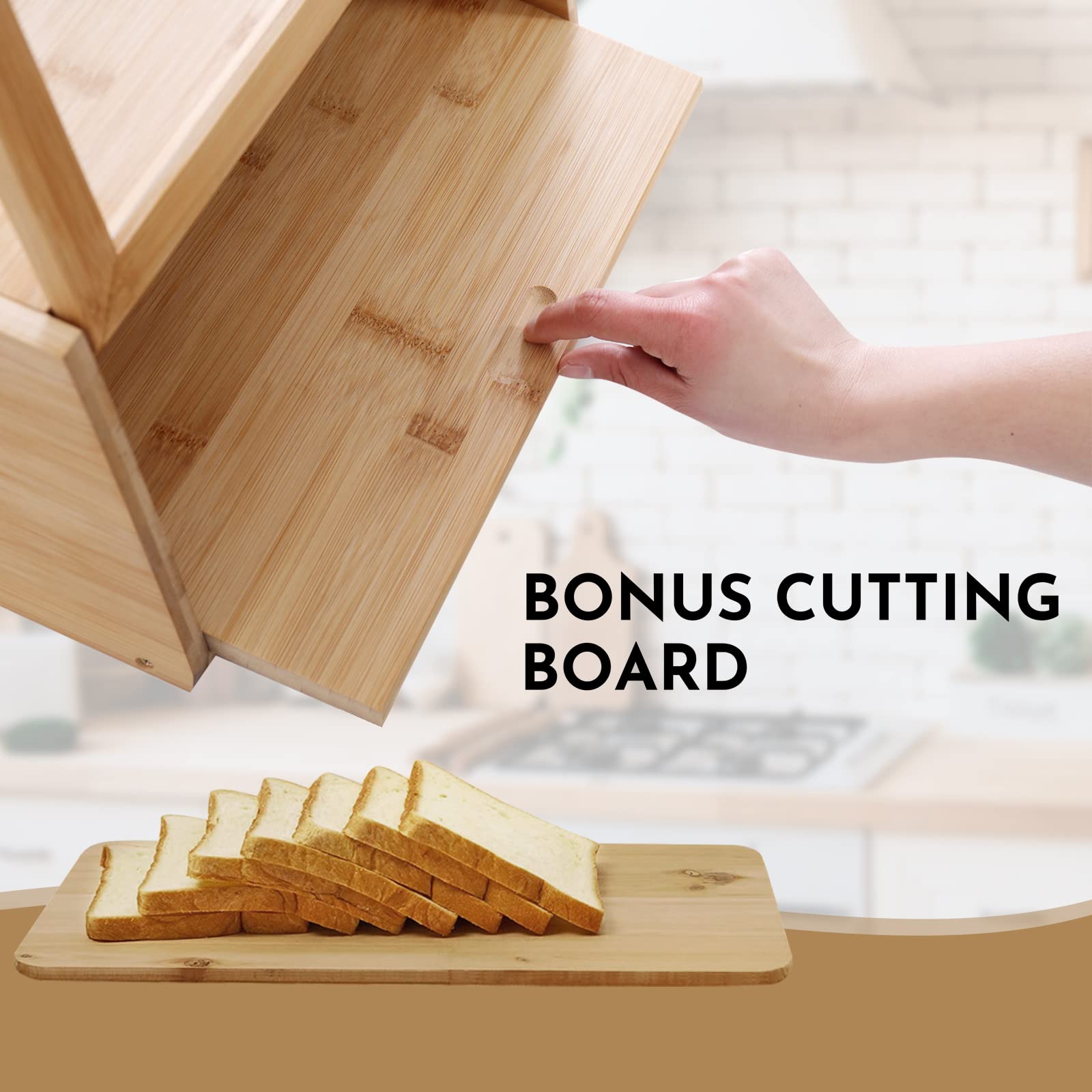 Bamboo Bread Box with Clear Window - Large Kitchen Storage Container for Bread, Sandwich, Muffins | Includes Bonus Cutting Board | Natural Wood Countertop Organizer for Fresh Bakery Storage