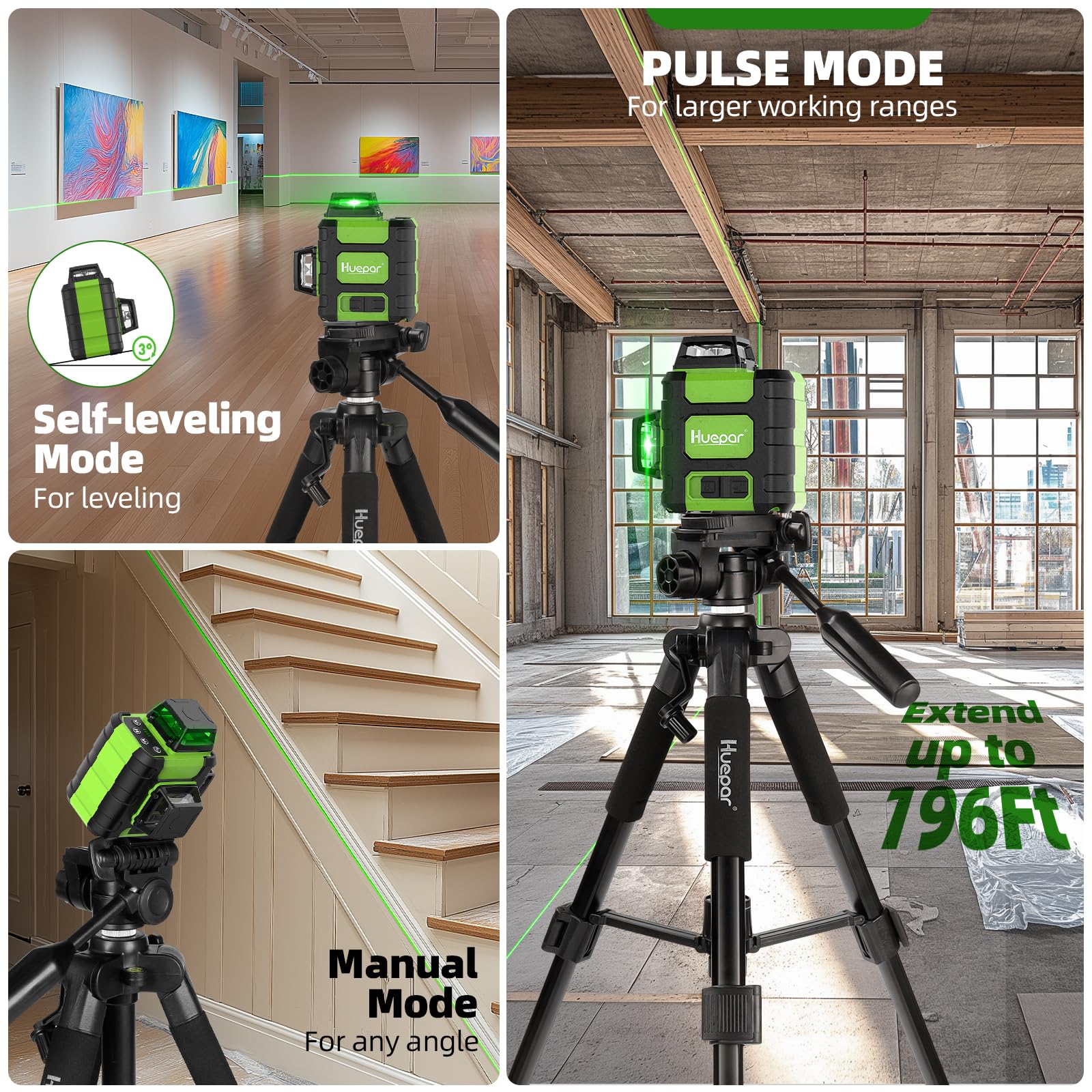 Huepar HM03CGTP 3D Cross Line Laser Level - 3 x 360° Self-Leveling Green Beam with Li-ion Battery, USB-C Charging, Hard Case & Tape Measure | Perfect for Construction, Renovation, Tile Installation & DIY Home Projects