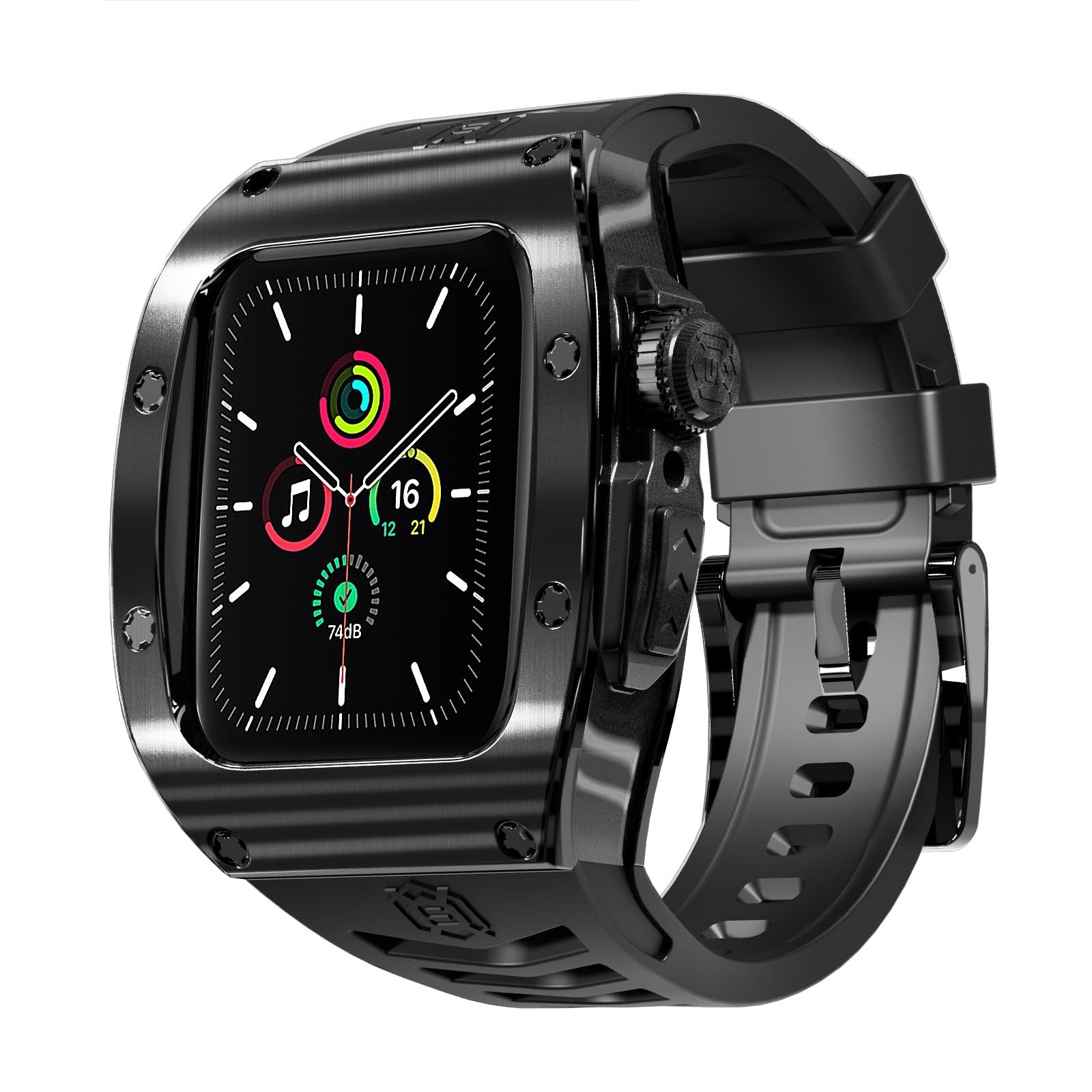 Premium Shockproof Armor Stainless Steel Smartwatch Case with Sport Band - Compatible with Apple Watch Series 9/8/7/SE2/6/5/SE/4 (44mm/45mm) - Durable Protection for Gym, Running & Outdoor Activities (Black)