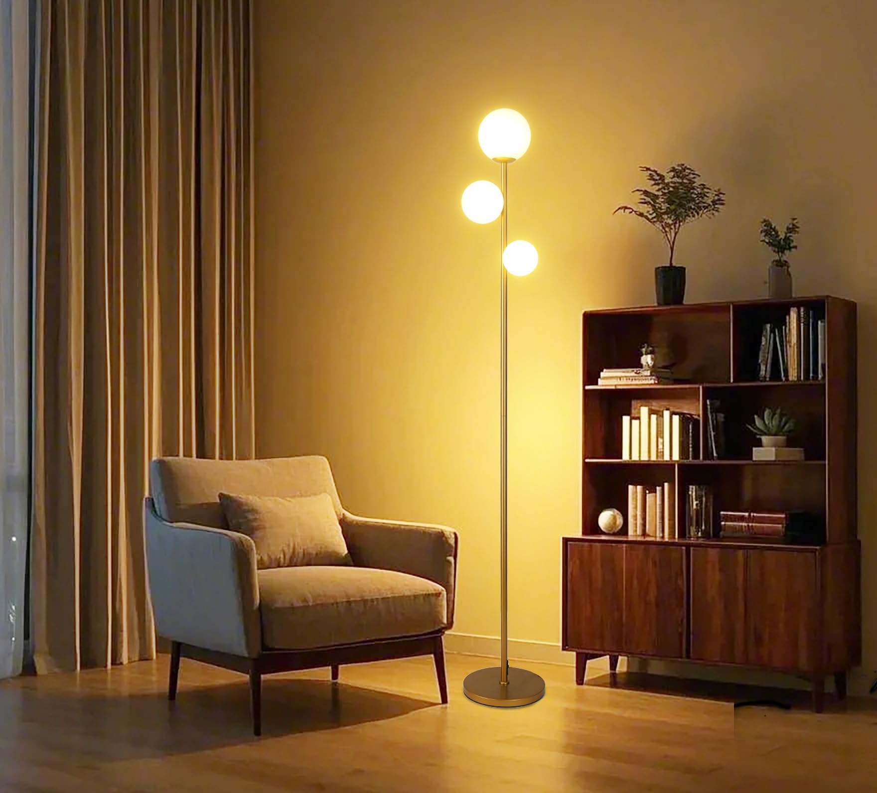 Fiqevs 3 Globe Mid Century Modern Floor Lamp - Vintage Gold Standing Tall Lamp with Frosted Glass Shade & Included Bulbs, Antique Brass Finish | Perfect for Living Room, Bedroom, Office & Reading Nook Lighting