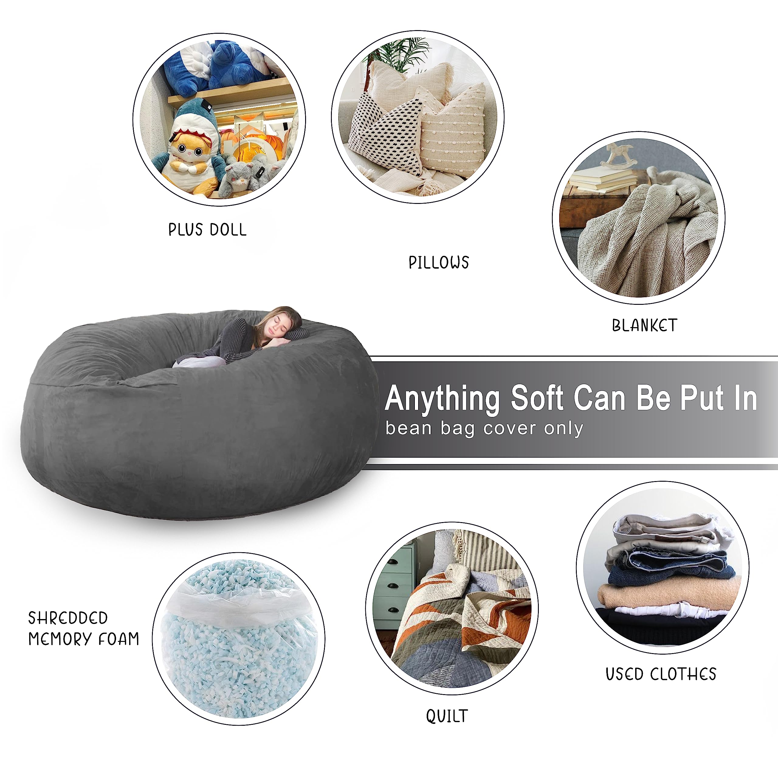 4FT Bean Bag Chair Cover - Soft Fluffy Dutch Velvet Replacement Cover (No Filling Included) - Large 48 Inch Lazy Sofa Slipcover for Adults & Kids - Perfect for Living Room, Bedroom, Dorm or Game Room Relaxation