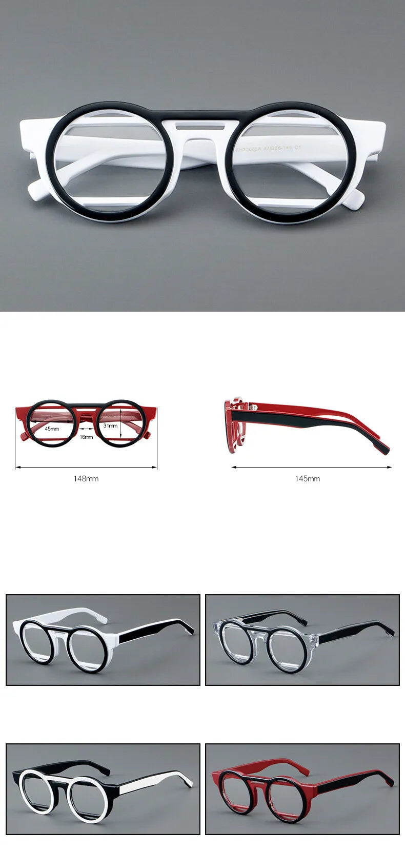 CCspace Unisex Full Rim Round Acetate Double Bridge Eyeglasses 301737 - Stylish Retro Glasses for Men & Women - Perfect for Reading, Work, and Fashion Accessories