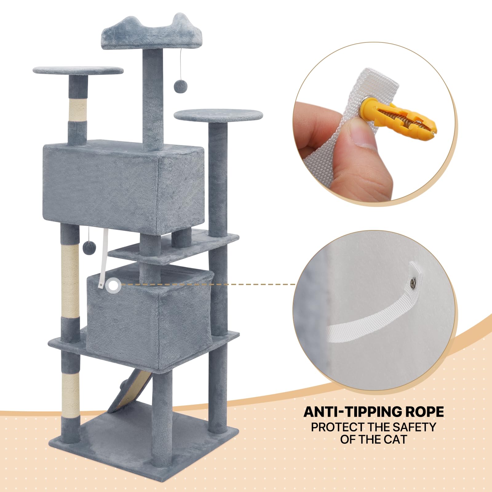 **MoNiBloom 70-Inch Tall Cat Tree Tower with 2 Condos & Scratching Posts - Sturdy Cat Climbing Tower for Indoor Cats, Light Grey - Perfect for Play, Rest & Scratching in Small Spaces**