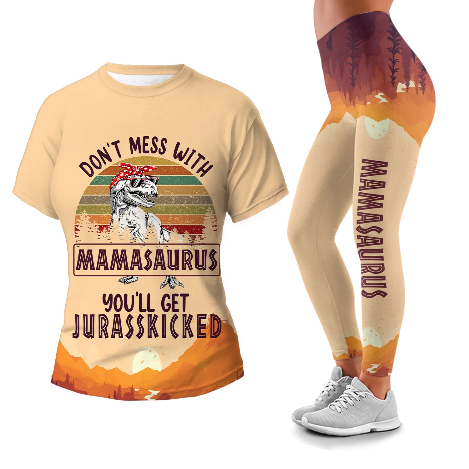 **GDT GLOBAL Women's Mamasaurus Graphic T-Shirt & Leggings Set - Soft Cotton Comfort Outfit for Moms - Perfect for Casual Wear, Lounge, Yoga & Mother's Day Gifts**