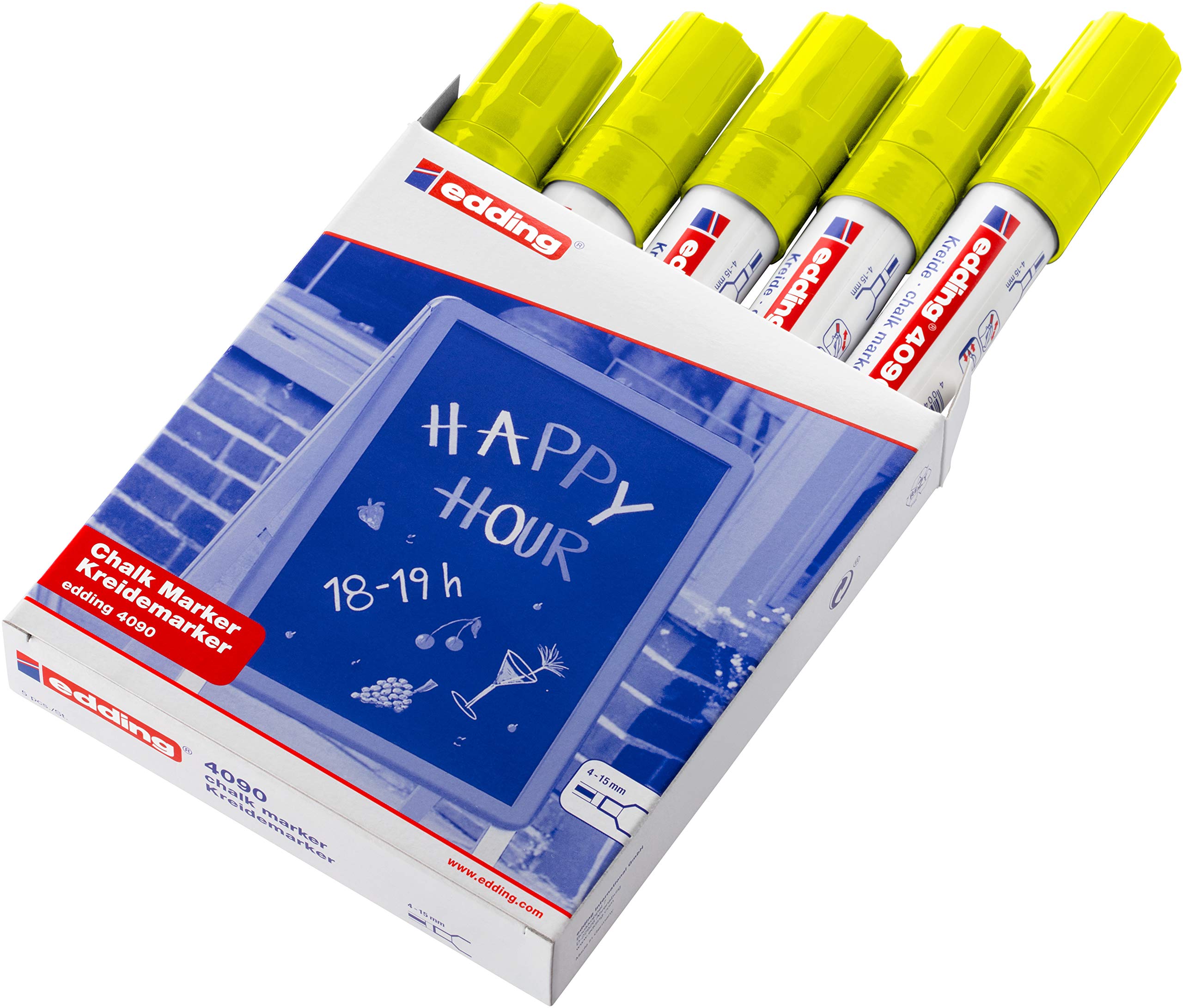 edding 4090 Neon-Yellow Chalk Marker Set - 5 Pack with 4-15mm Chisel Tip - Opaque Liquid Chalk Pens for Chalkboards, Windows, Glass & Mirrors - Perfect for Restaurants, Cafes, Retail Signs & Event Decorations