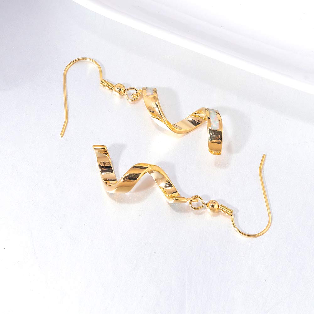 CiNily Sterling Silver Plated Opal Dangle Drop Earrings for Women | Elegant Spiral Ribbon Hook Earrings with Birthstone | Perfect for Parties, Weddings & Everyday Wear
