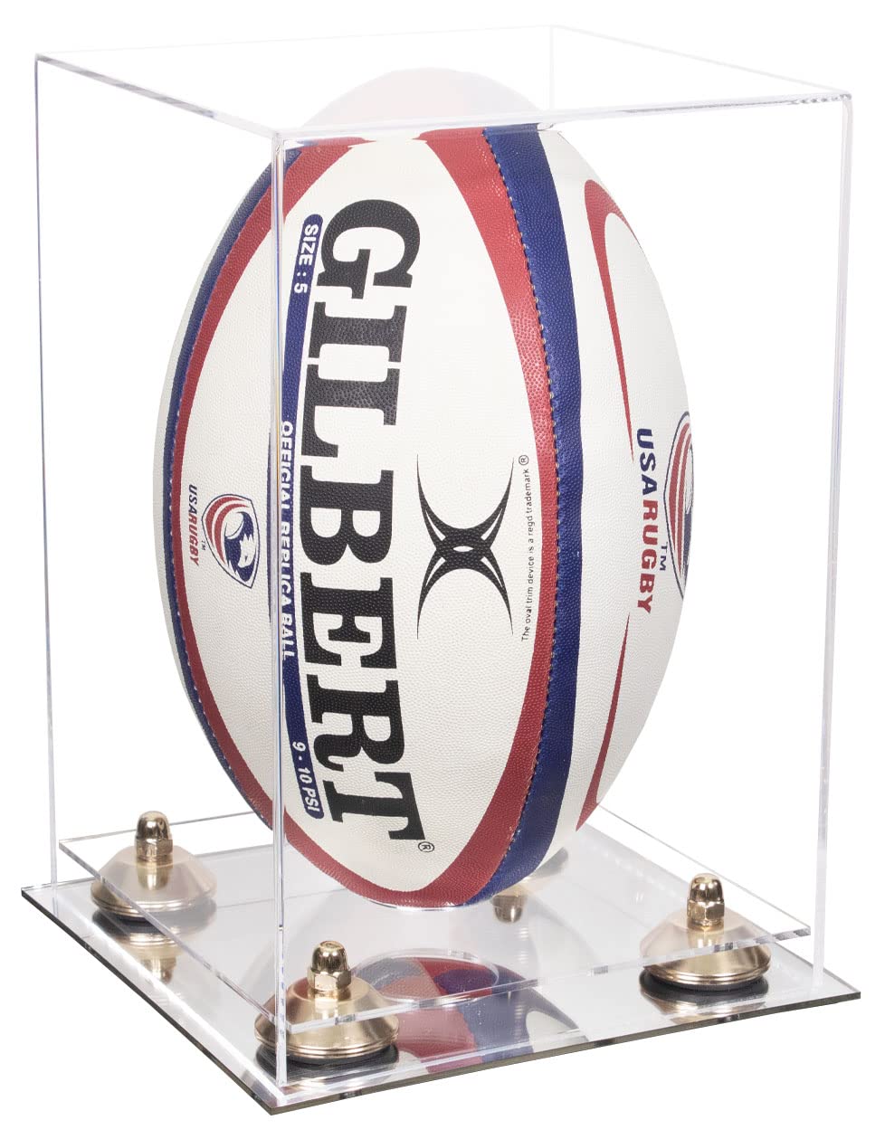 Clear Acrylic Rugby Ball Display Case with Gold Risers & Mirror Base - Vertical Trophy Stand for Collectibles, Awards & Memorabilia - Perfect for Sports Fans, Man Cave & Office Decor (B42/A060)