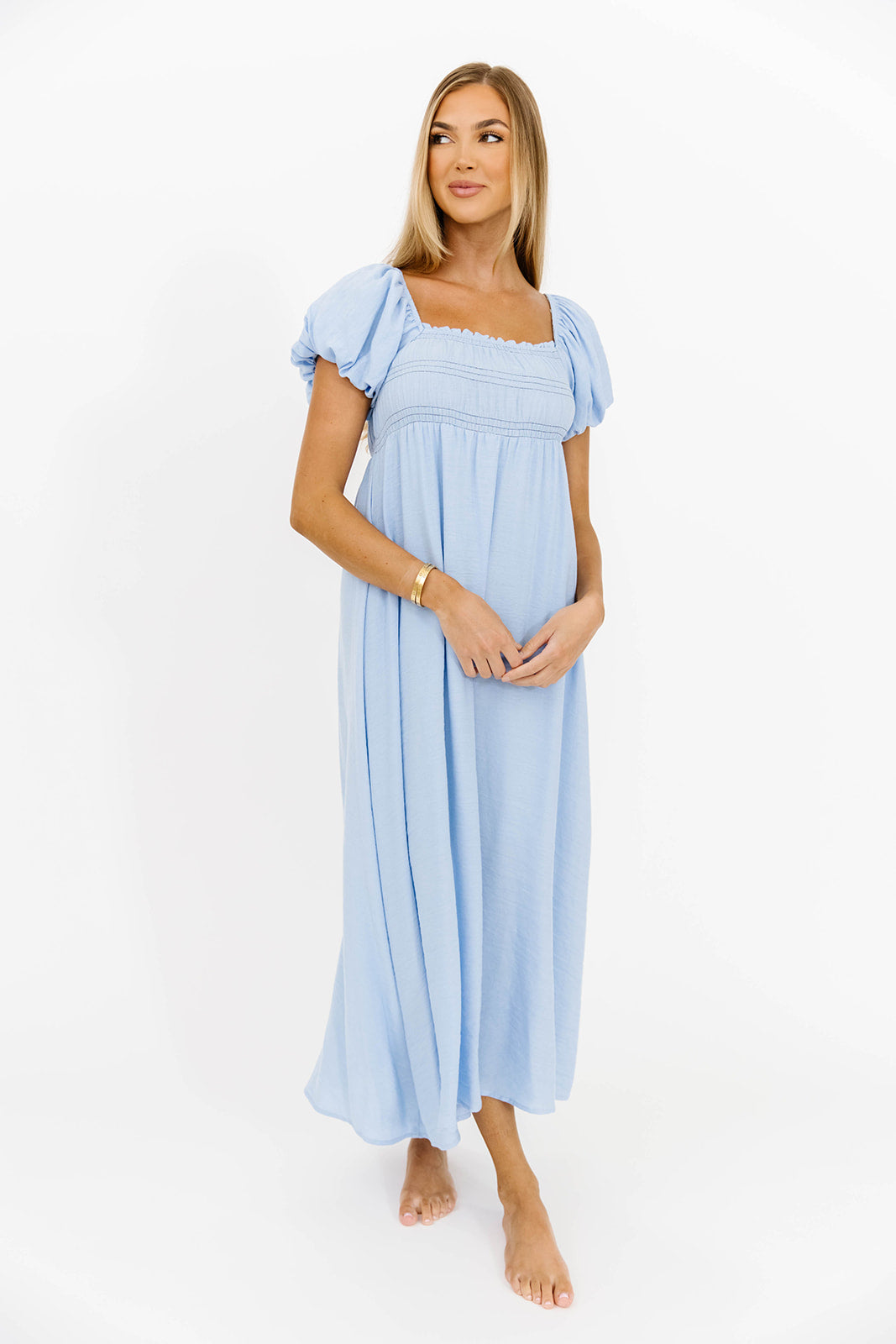Belle Puff Sleeve Maxi Dress - Flowy Long Summer Dress for Women in Baby Blue | Perfect for Beach Vacation, Wedding Guest, and Date Night Outfits