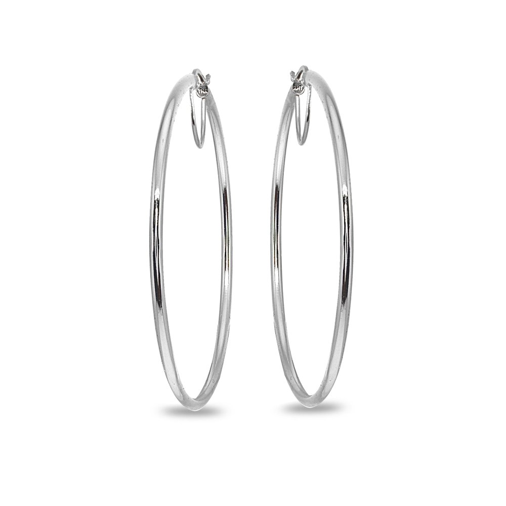 Sterling Silver Polished Round Large Hoop Earrings for Women - 2x50mm to 70mm Diameter - Elegant Everyday Jewelry for Work, Party & Special Occasions
