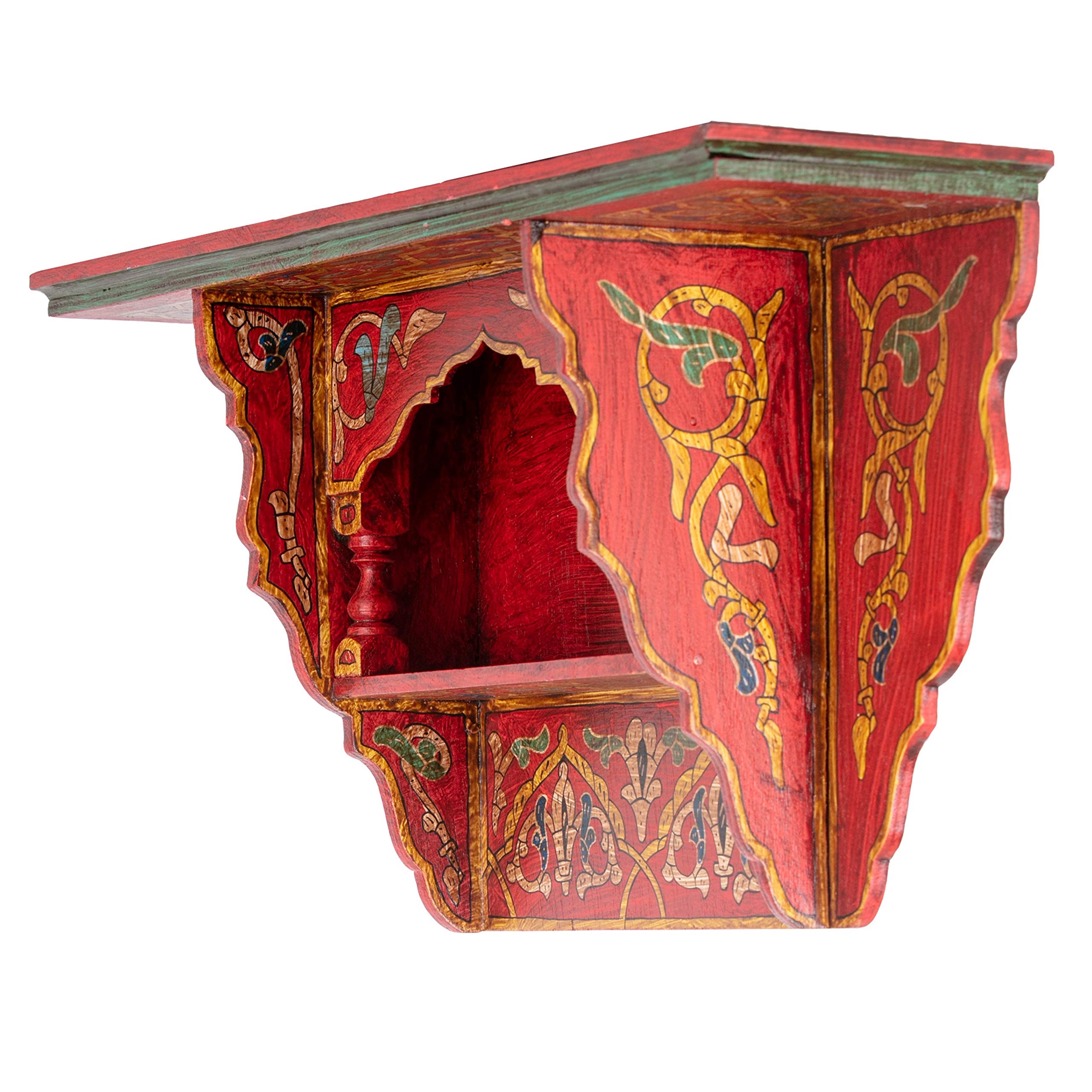HibArt Moroccan Wooden Floating Shelves - Hand Painted Zouak Style Arabic Wall Shelf for Living Room, Bedroom Decor (Medium, Red Brick) - Perfect for Displaying Books, Plants & Home Decor