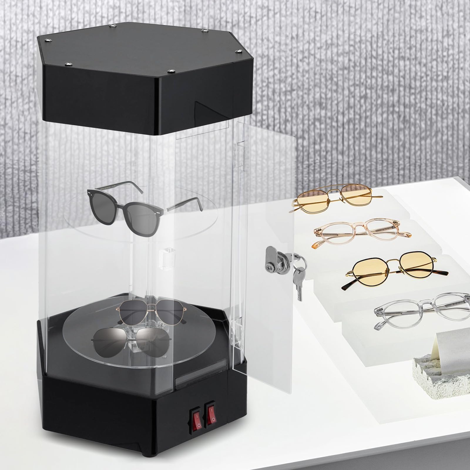 360° Rotating LED Acrylic Display Case with Lock & Keys - 2-Tier Electric Jewelry Showcase for Watches, Sunglasses & Cosmetics | Perfect for Retail Stores, Boutiques and Trade Show Displays