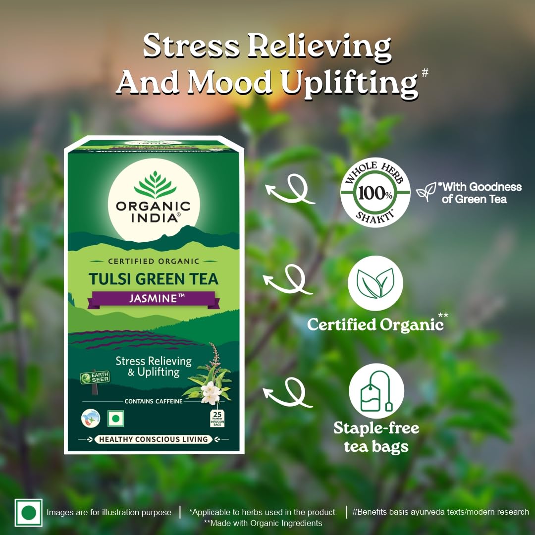 ORGANIC INDIA Tulsi Green Jasmine Tea - 25 Herbal Tea Bags | USDA Organic, Caffeine-Free | Perfect for Relaxation, Meditation & Stress Relief