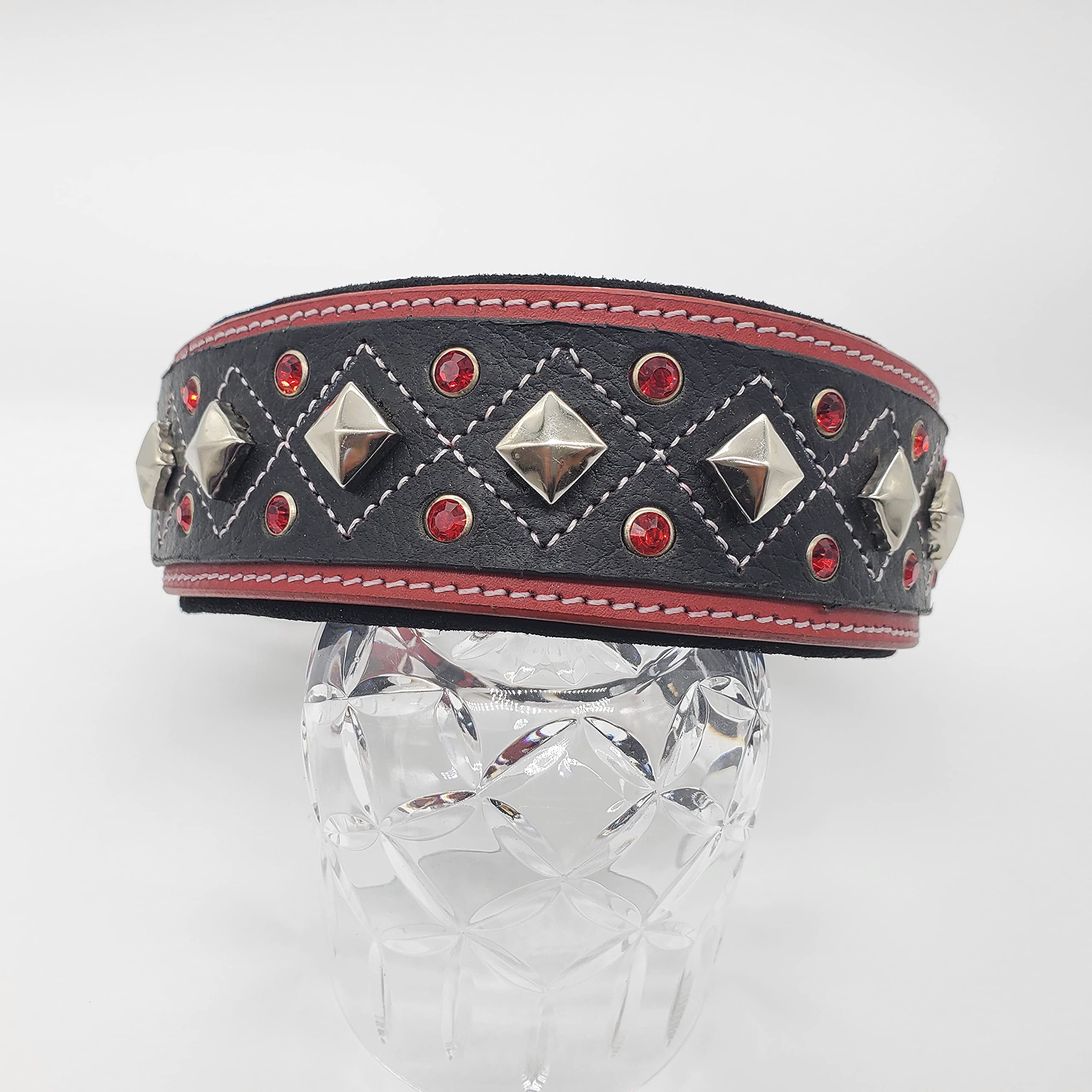 Blazing Paws Darlington 2 Inch Wide Genuine Leather Dog Collar for Large Breeds - Red & Black Handmade Soft Suede Padded with Crystal Studs, Western Style Design (15-19