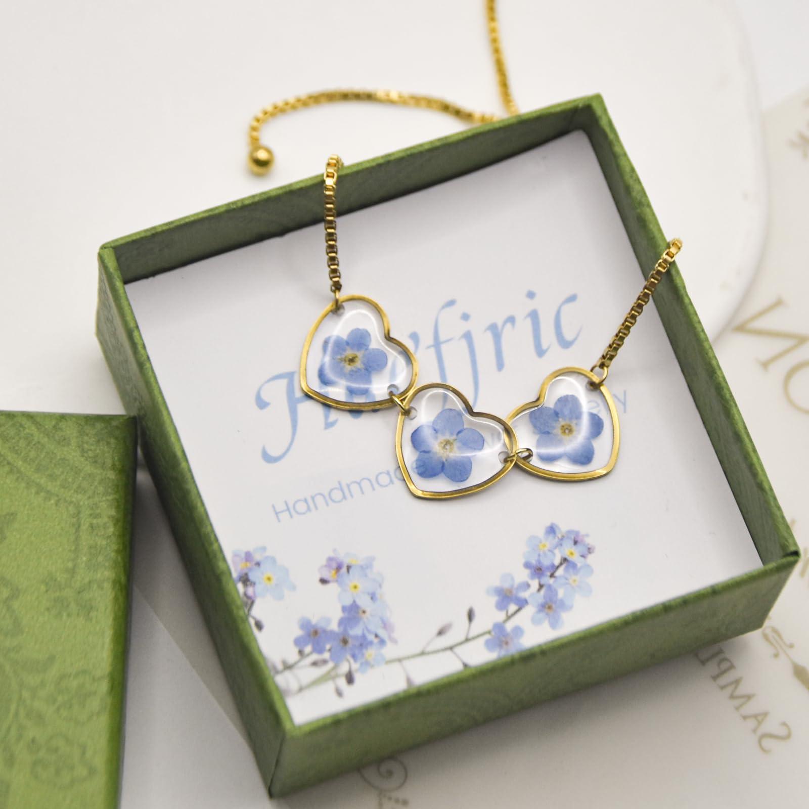 Pressed Flower Bracelet - Handmade Forget-Me-Not Wildflower Jewelry for Women, Personalized Gold Floral Bracelet with Heart Shape (Alaska State Flower) - Perfect Gift for Her, Birthday, Anniversary & Mother's Day Present