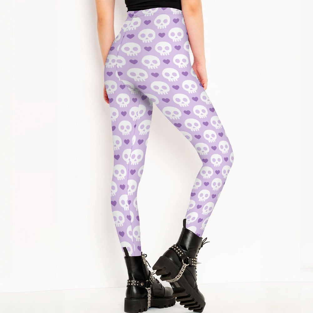 Stylish Purple Skull Print Leggings for Women - Trendy Gothic Fashion, Comfortable & Stretchy - Perfect for Halloween, Cosplay, and Casual Wear