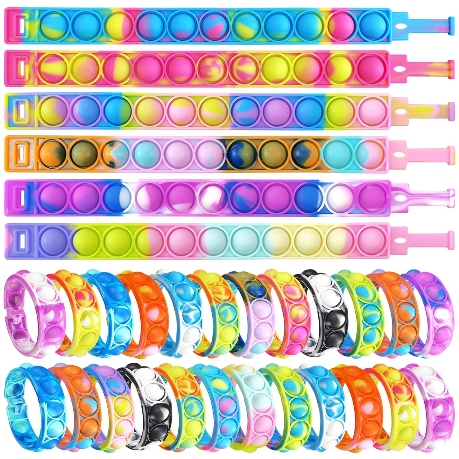 ZNNCO 30PCS Push Pop Bubble Fidget Bracelet - Durable Adjustable Stress Relief Toy for Kids & Adults with ADHD, Autism - Sensory Therapy, Anxiety Relief, Office & Classroom Use