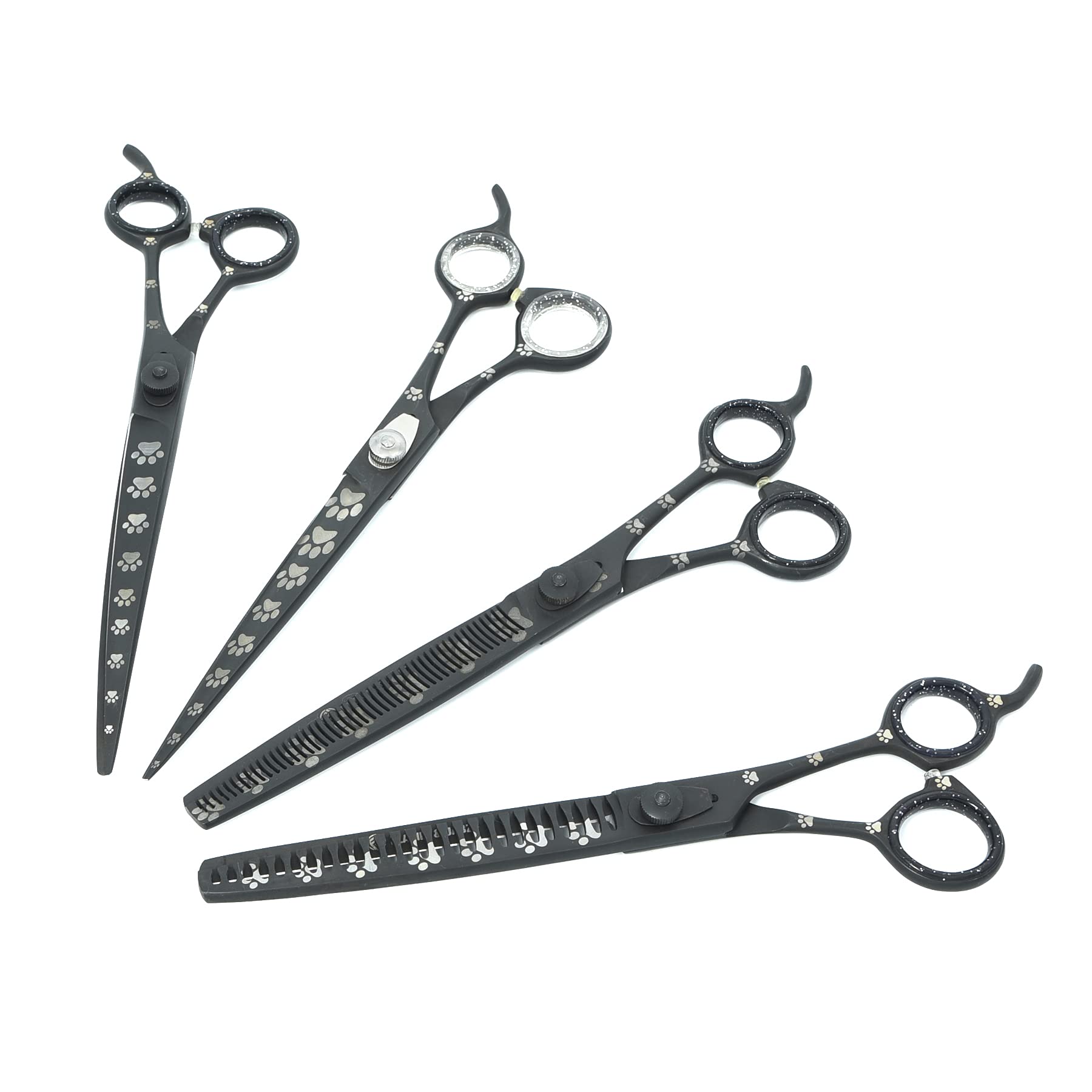 Premium Dog Grooming Scissors Set - 8 Inch Stainless Steel Straight, Curved, Thinning & Chunker Shears with Paw Prints for Professional Pet Grooming | Right-Handed Black Shears for Dogs, Cats & Small Animals | Perfect for Home Grooming & Professional Pet Salons