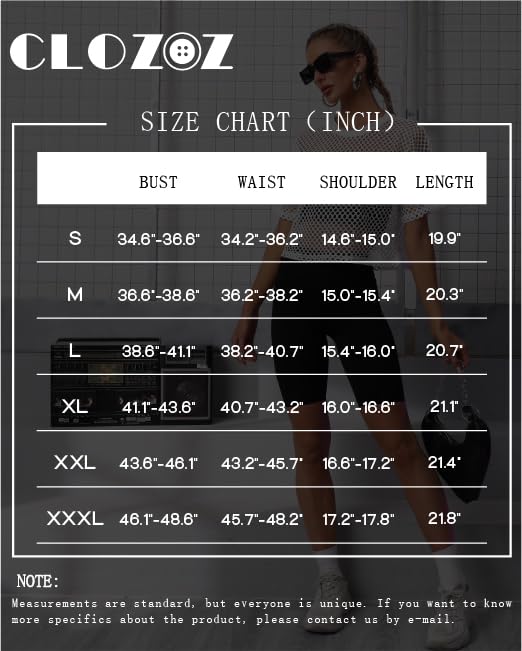 CLOZOZ Women's See-Through Mesh Fishnet Crop Top T-Shirt - Sexy Summer Beach Cover Up, Festival Outfit & Nightclub Wear