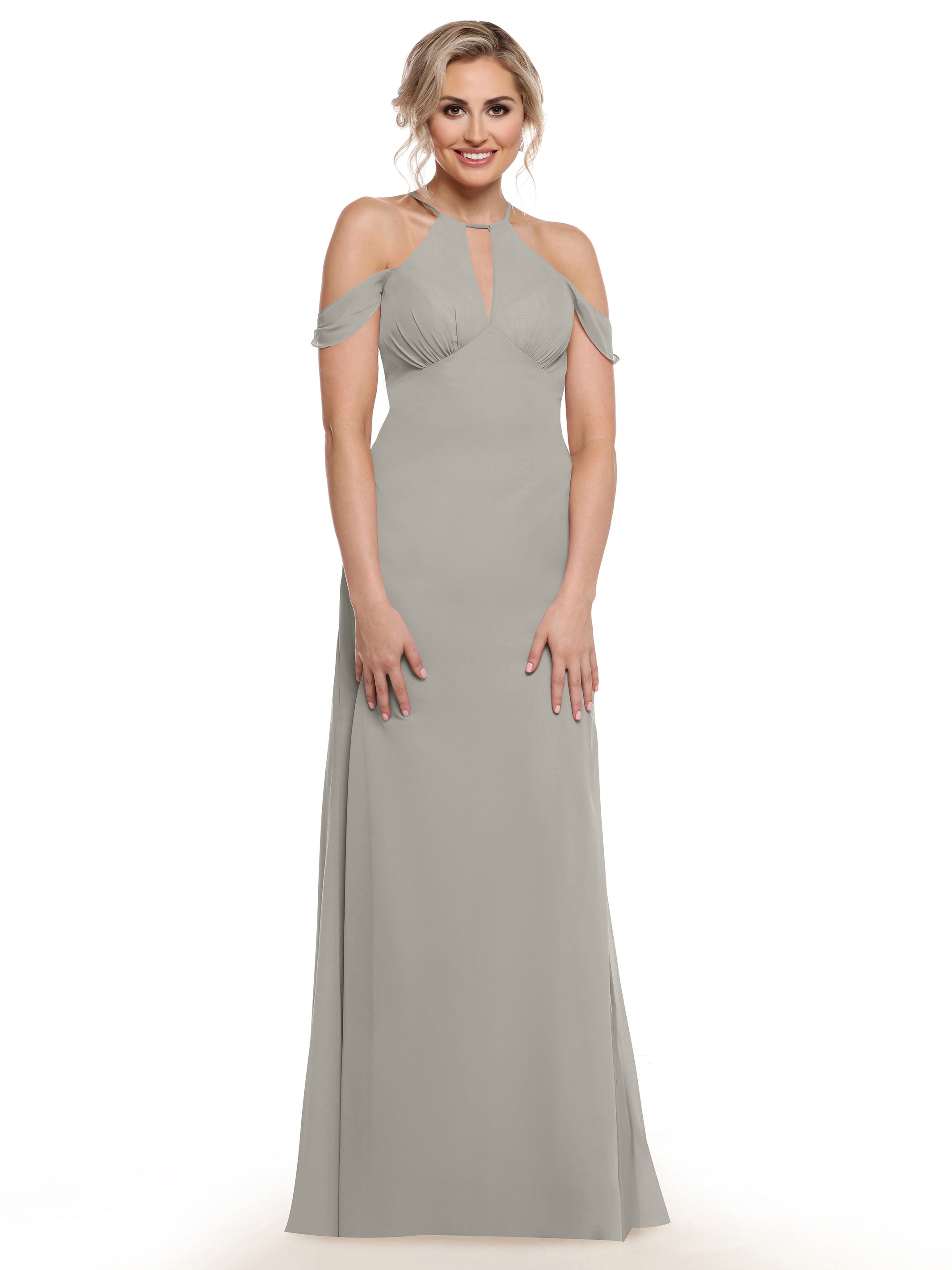 Elegant Off-The-Shoulder Chiffon Bridesmaid Dress with Halter Neckline - Perfect for Weddings, Formal Events & Special Occasions