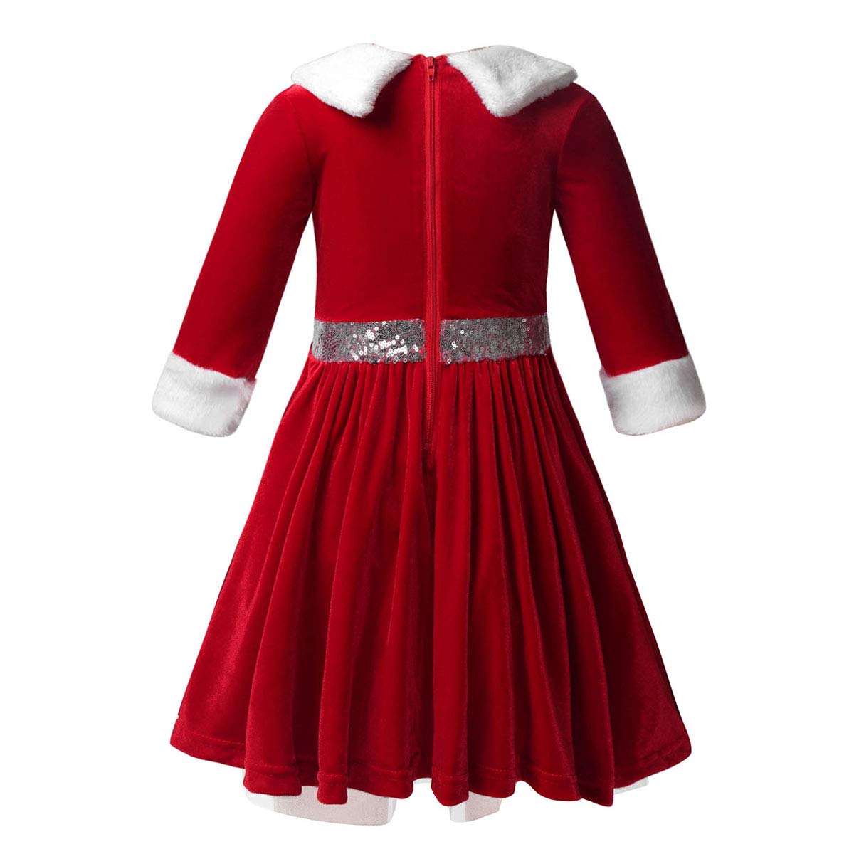 Kids Girls Long Sleeve Faux Fur Velvet Christmas Costume Ice Figure Skating Twirling Dress Dancewear - Holiday Party, Winter Performance, Recital Outfit