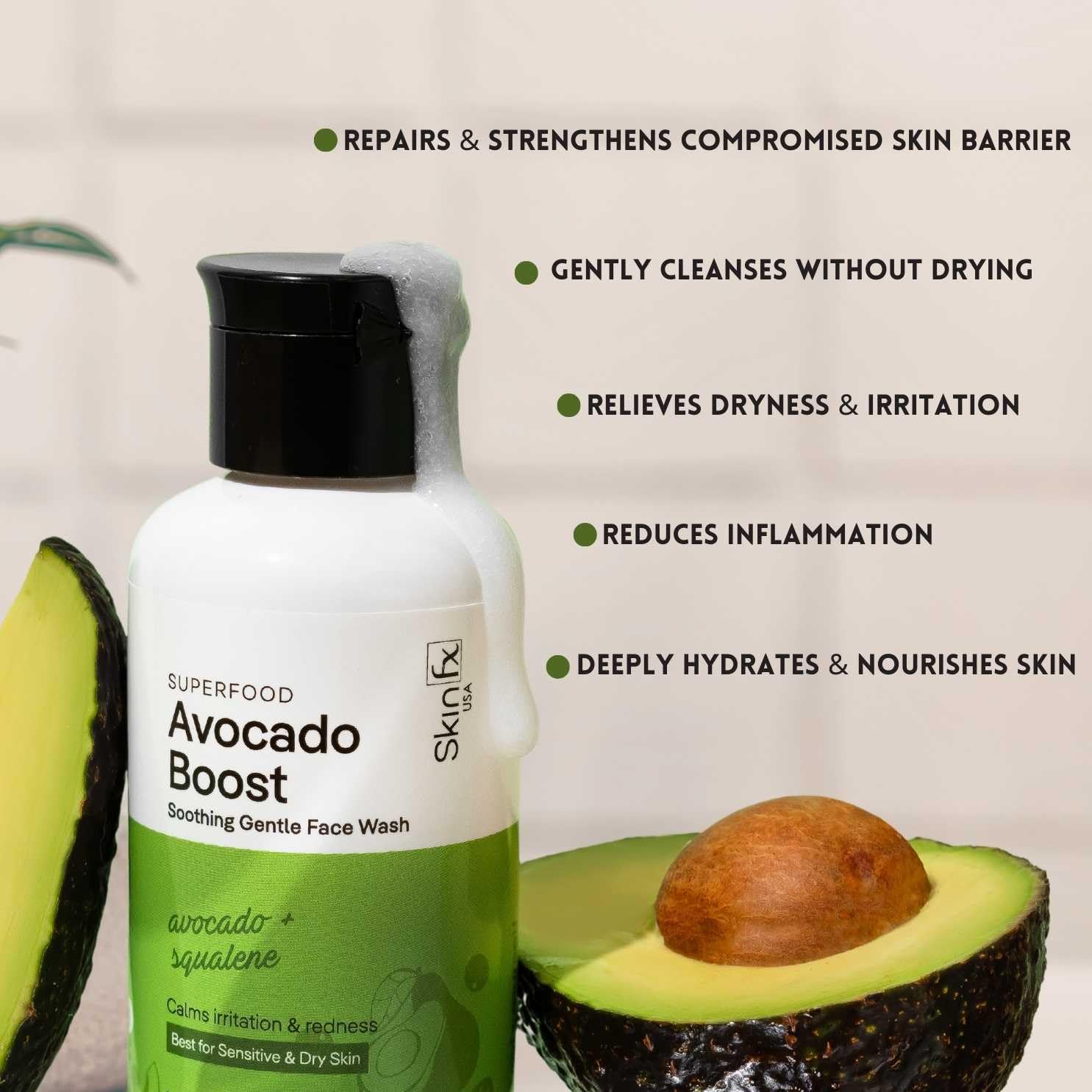 Skin Fx Gentle Face Wash for Sensitive & Dry Skin - Hydrating Cleanser with Avocado Superfood for Men & Women | Barrier Repair Formula to Soothe Irritation & Redness | 100ml | Perfect for Daily Skincare Routine & Post-Workout Refreshment
