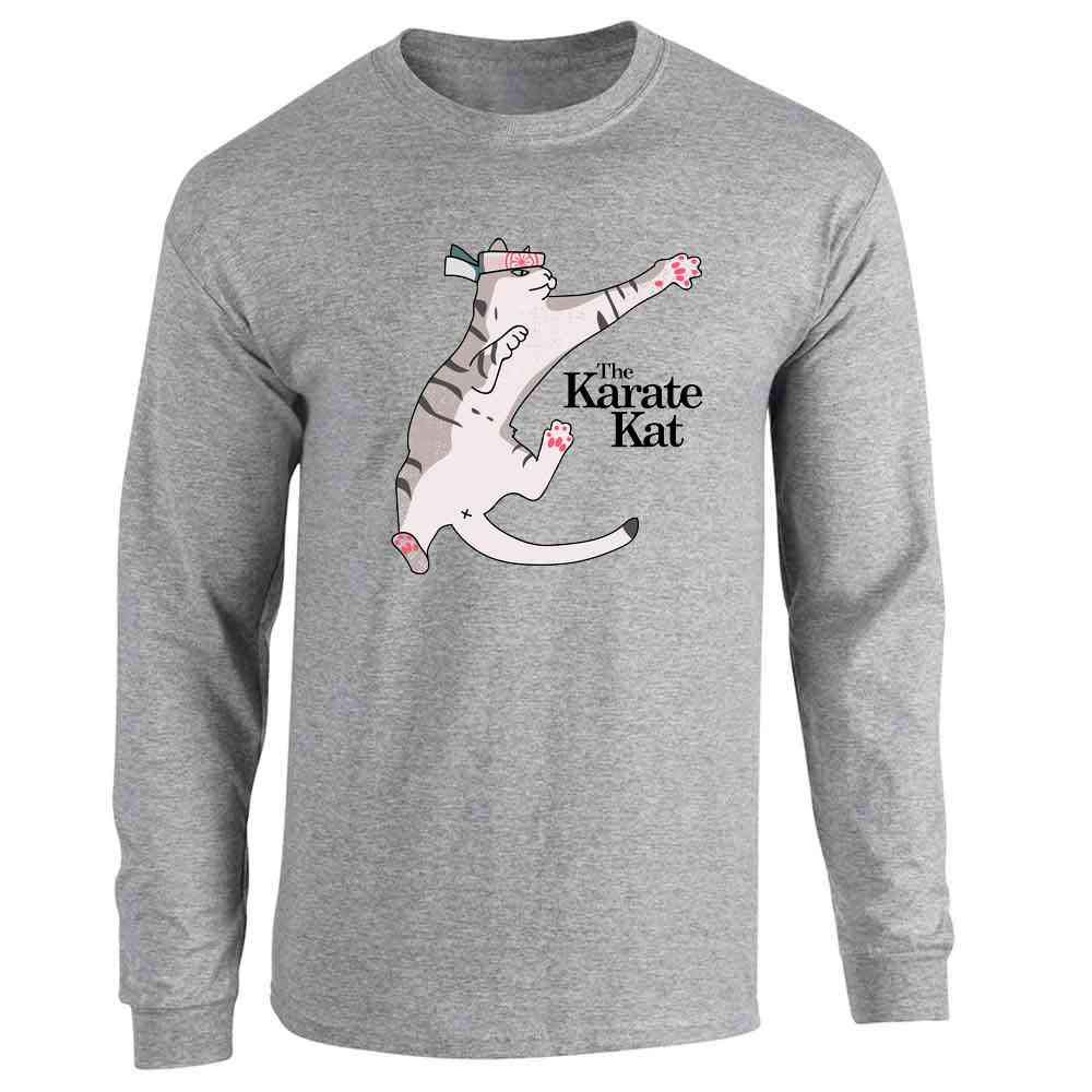 Pop Threads The Karate Kat Funny Cat Meme Long Sleeve T-Shirt - Trendy Graphic Tee for Cat Lovers, Perfect for Casual Wear, Gifts & Meme Enthusiasts