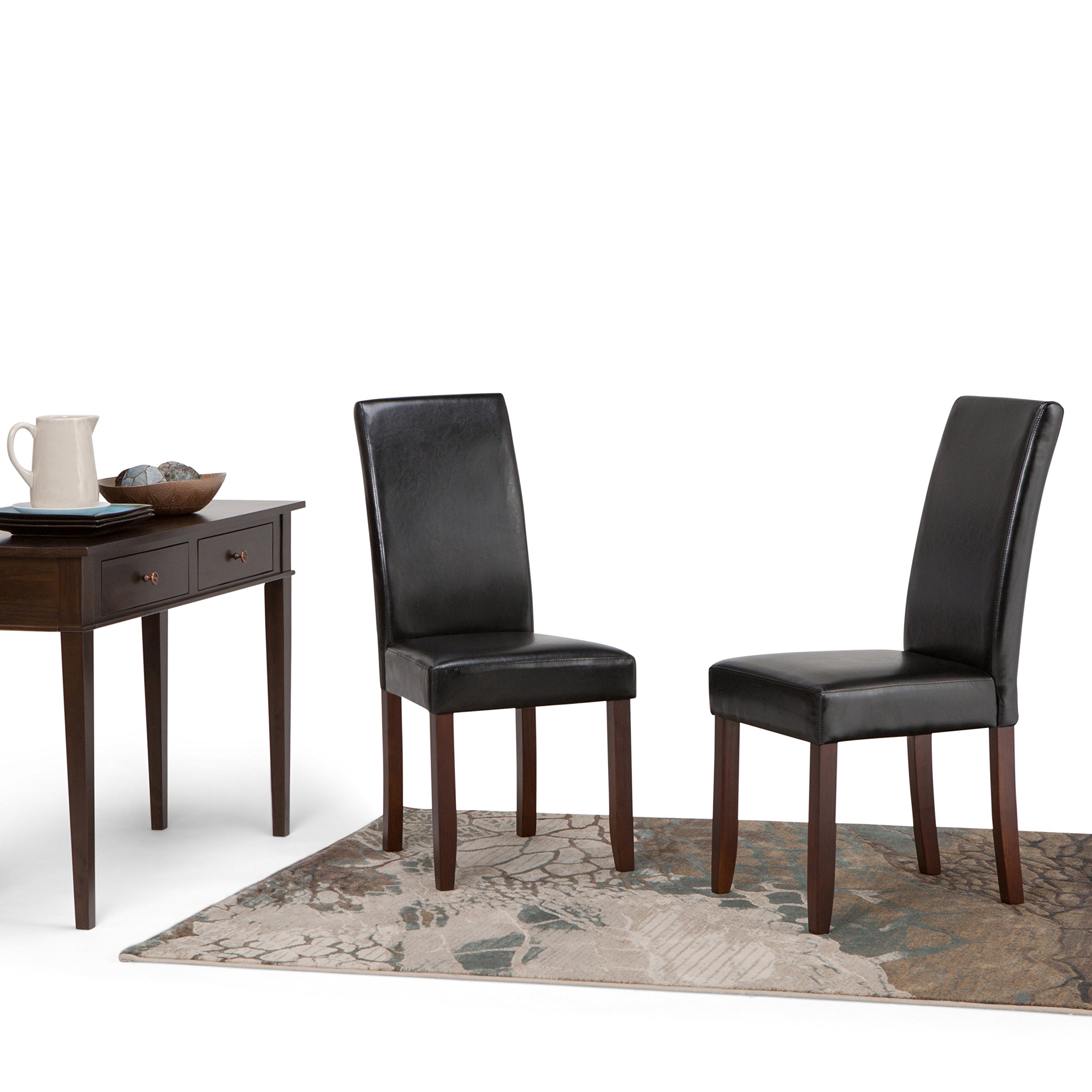 SIMPLIHOME Acadian Parson Dining Chairs (Set of 2) - Midnight Black Faux Leather & Solid Wood Square Upholstered Chairs for Dining Room | Modern Contemporary Style | Perfect for Home, Restaurant, and Office Use