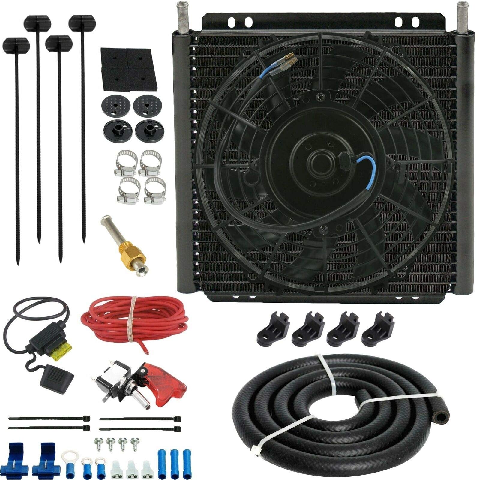 30 Row Transmission Oil Cooler Kit with Electric Fan & Rocker Toggle Switch - Universal Fit for SUVs, Vans, RVs - Improve Cooling Performance for Towing & Off-Road Adventures