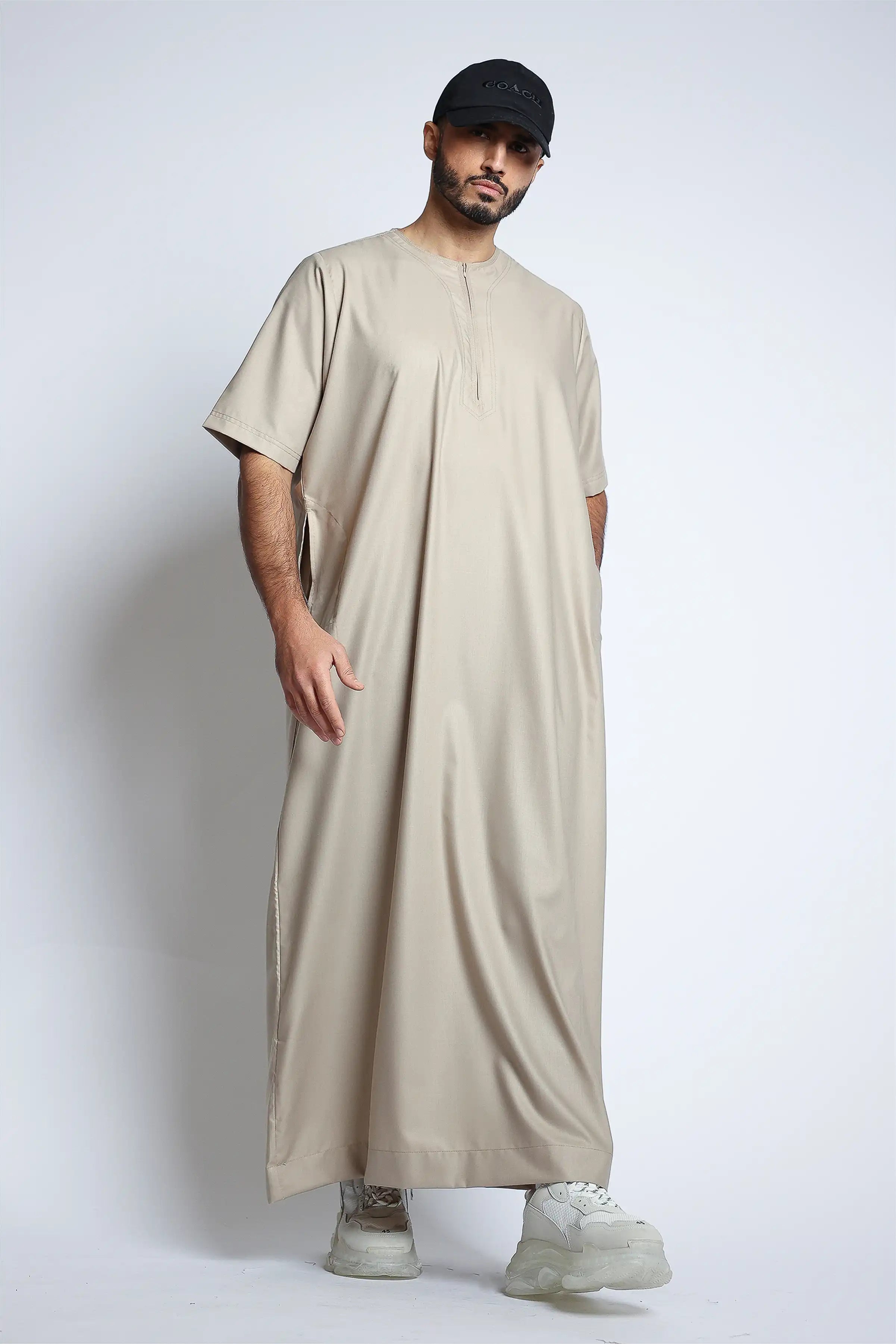 J152 Dust Storm Half Sleeve Thobe for Men - Lightweight Islamic Robe with Breathable Fabric - Perfect for Prayer, Eid, and Casual Wear