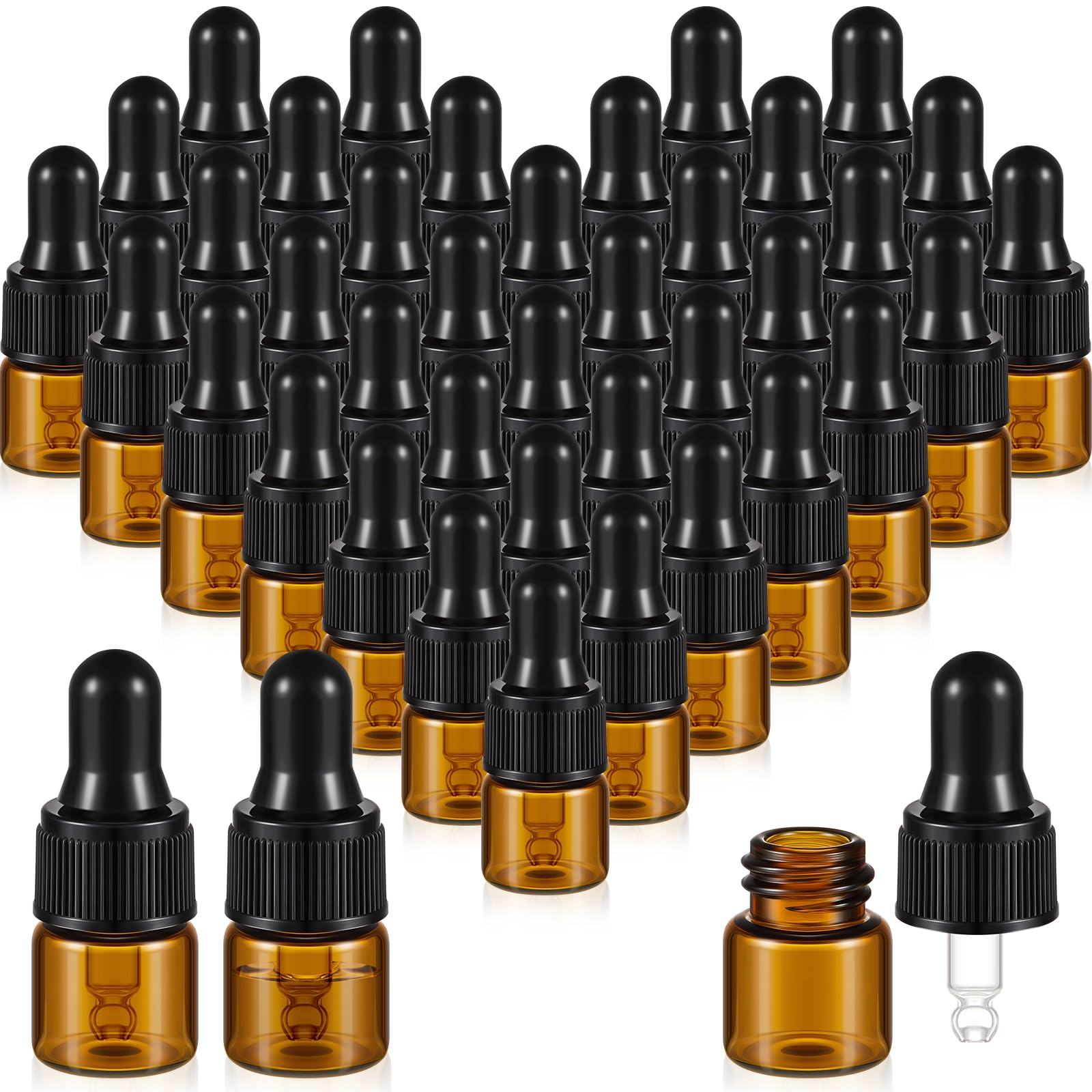 200 Pcs 1ml Amber Mini Glass Dropper Bottles with Lids - Travel Essential Oil Containers, Cosmetic Sample Vials, Perfume Liquid Storage - Perfect for DIY Beauty Products, Aromatherapy & Travel Toiletries