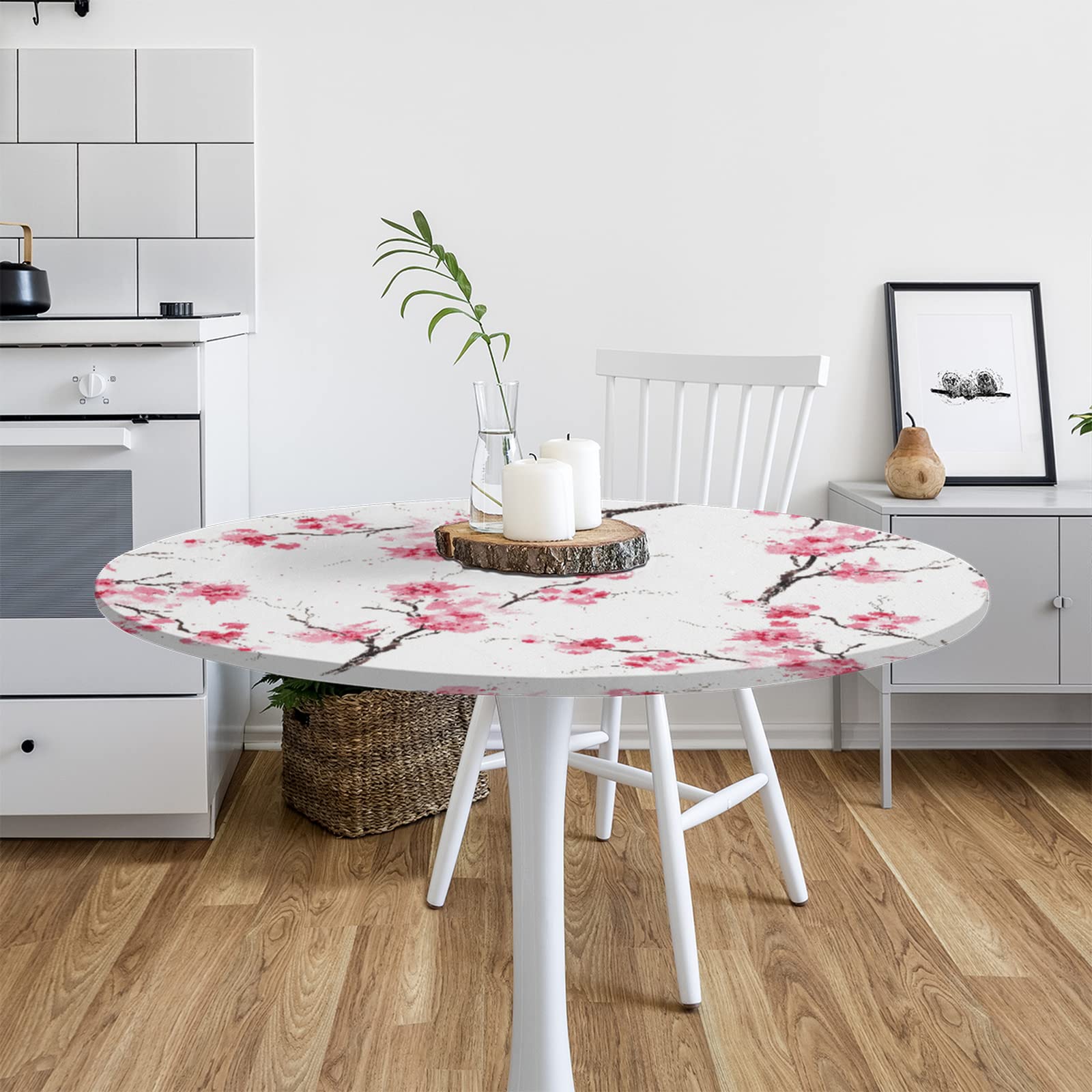 Japanese Cherry Blossom Elastic Edge Round Tablecloth - Floral Painting Wipeable Fitted Table Cover (45