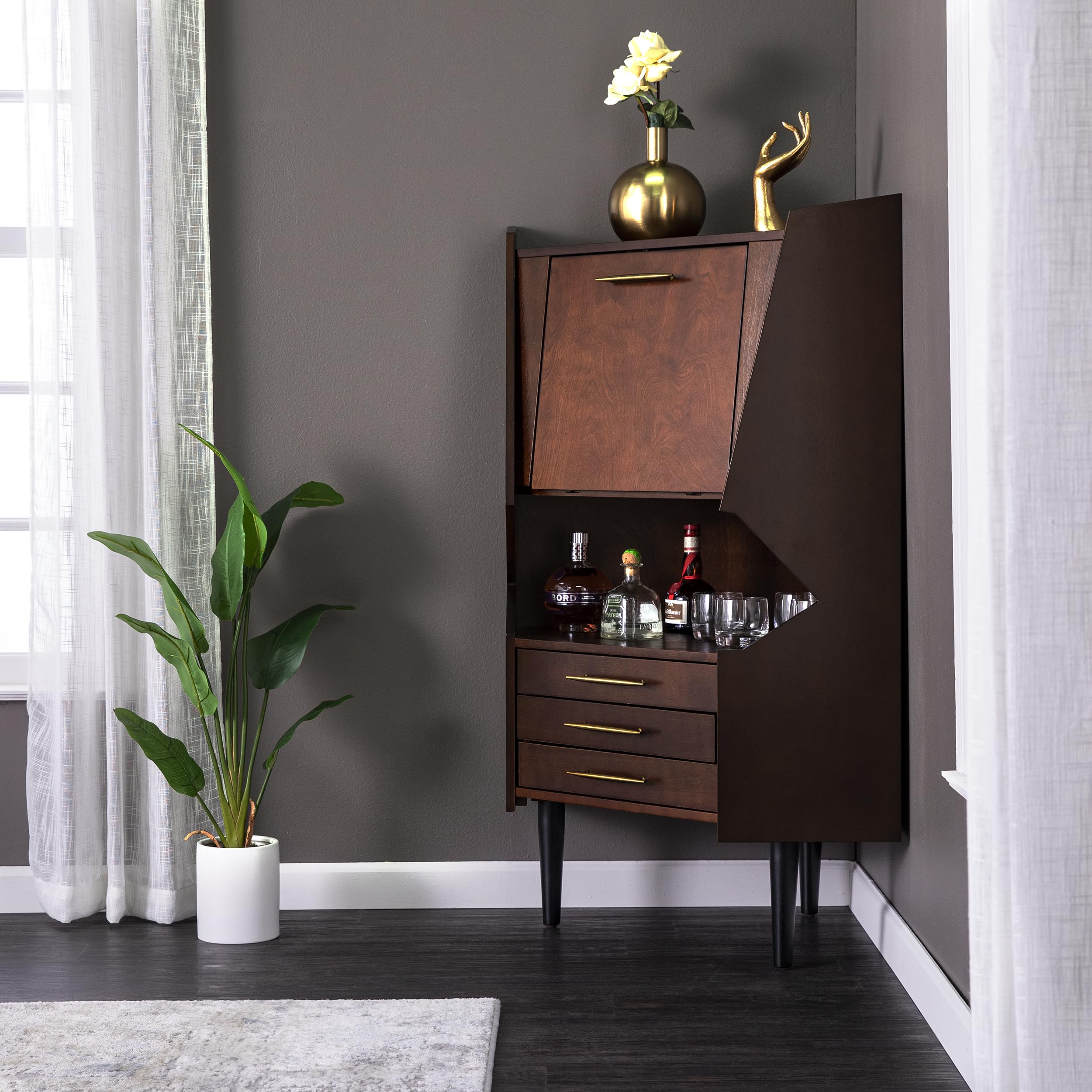 Larson Corner Storage Bar Cabinet - Brown Wooden Cabinet with Shelves & Doors for Living Room, Dining Room, or Home Bar - Space-Saving Furniture for Small Spaces