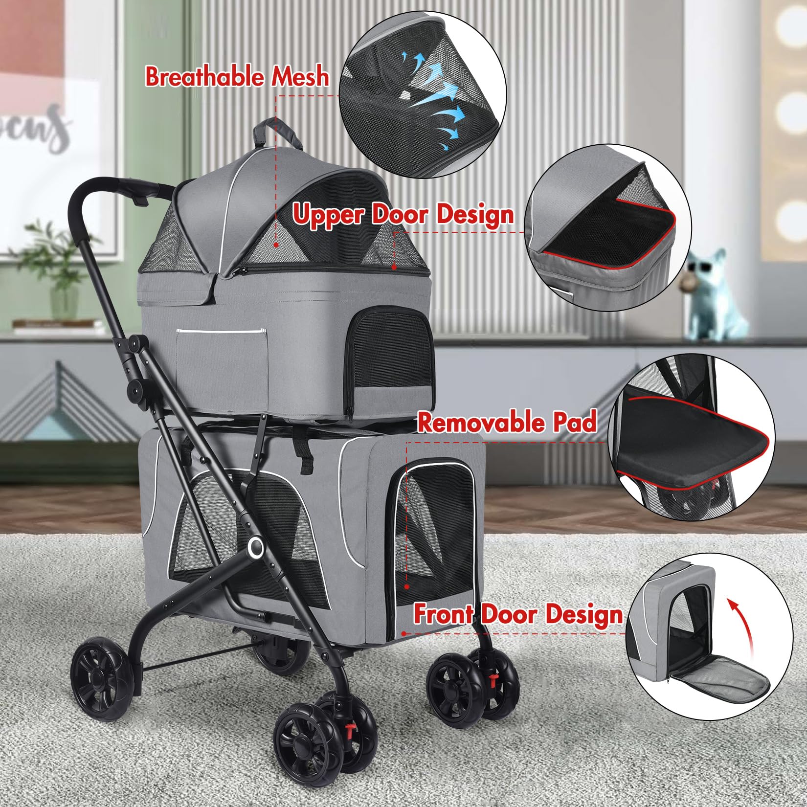 Double Pet Stroller for Small & Medium Dogs & Cats - 2 Detachable Carrier Bags, Foldable Design, Travel-Friendly (Grey & Black) - Perfect for Park Walks, Vet Visits & Outdoor Adventures