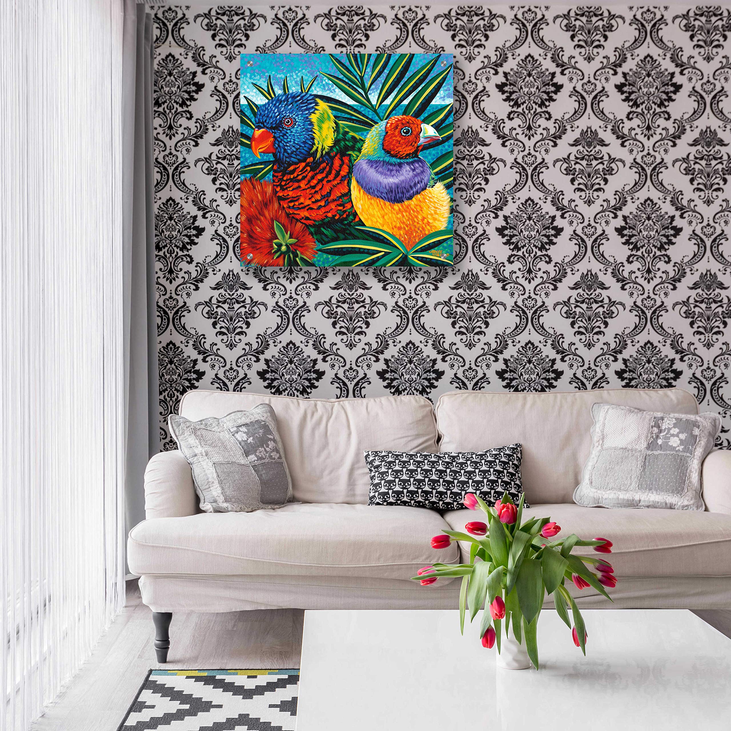 Birds in Paradise II by Carolee Vitaletti - 24x24 Inch Vibrant Acrylic Glass Wall Art Painting - Tropical Bird Decor for Living Room, Bedroom & Office