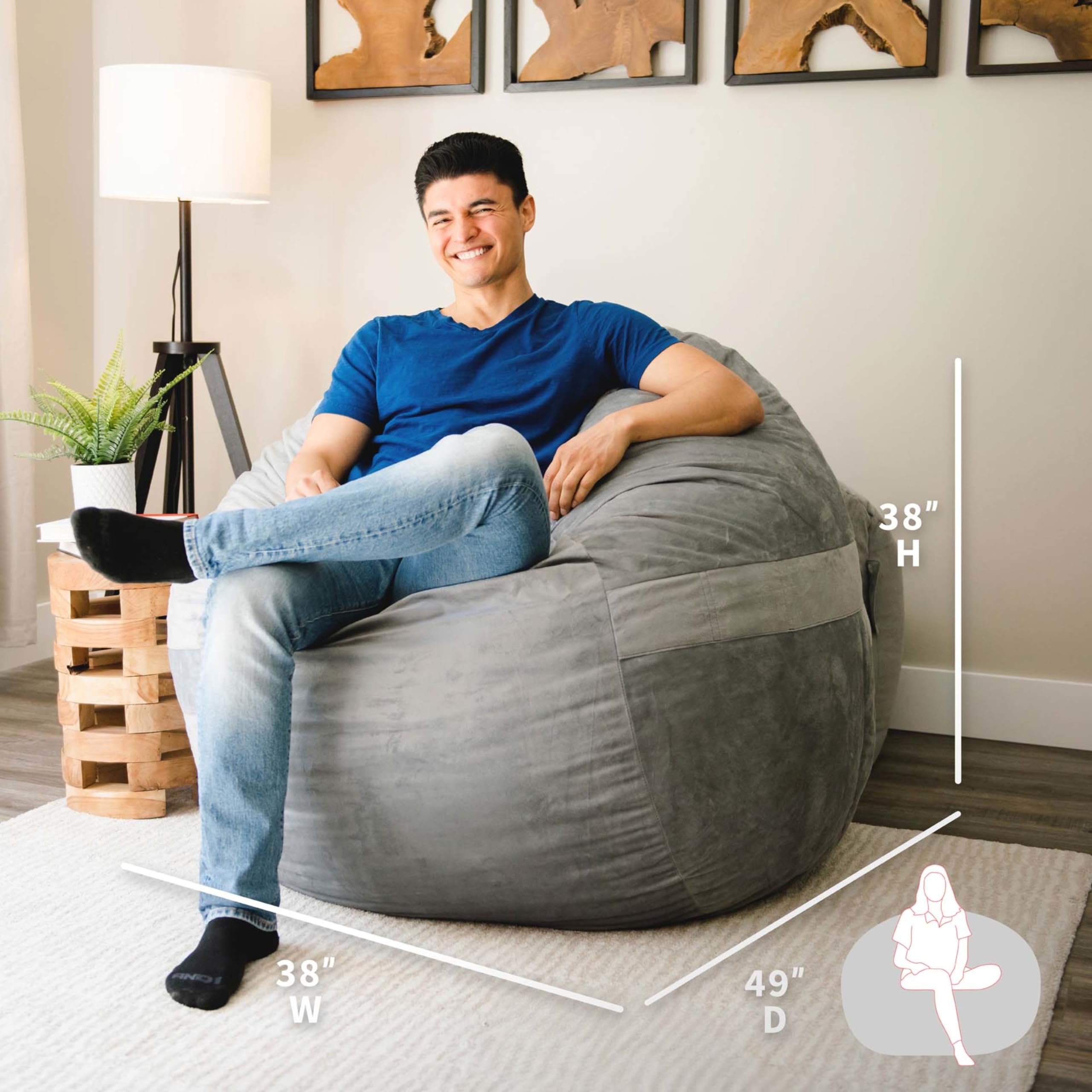 Big Joe Fuf Large Foam Filled Bean Bag Chair with Removable Cover - Ultra Soft Gray Plush Polyester, 4 Feet Oversized Comfort for Adults & Teens - Perfect for Living Room, Game Room, Dorm & Relaxation