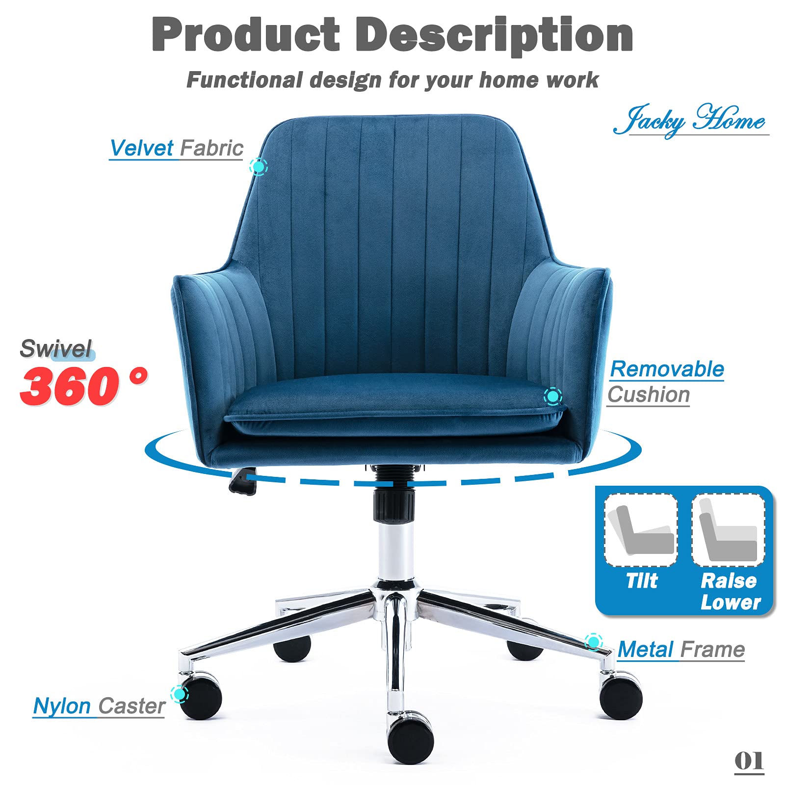 Jacky Home Velvet Office Desk Chair - Mid-Back Ergonomic Computer Chair with Adjustable Height, 360° Swivel & Wheels - Modern Upholstered Task Chair with Arms for Home Office, Study, Living Room & Bedroom (Blue) - Perfect for Remote Work, Gaming & Relaxation