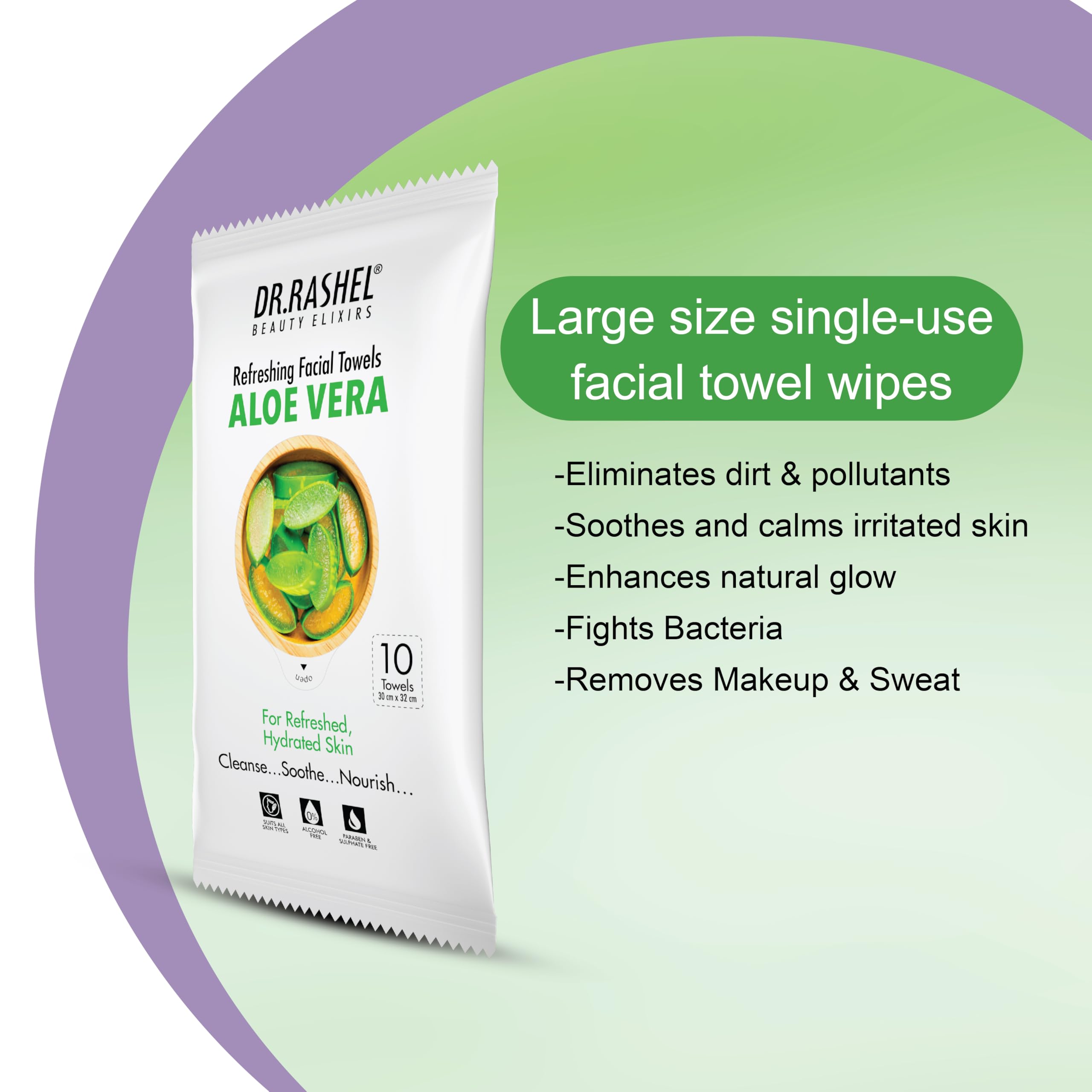 DR.Rashel's Aloe Vera Facial Towel Pack (10 Count) - Soothing & Hydrating Face Wipes for Sensitive Skin, Travel & Gym Use