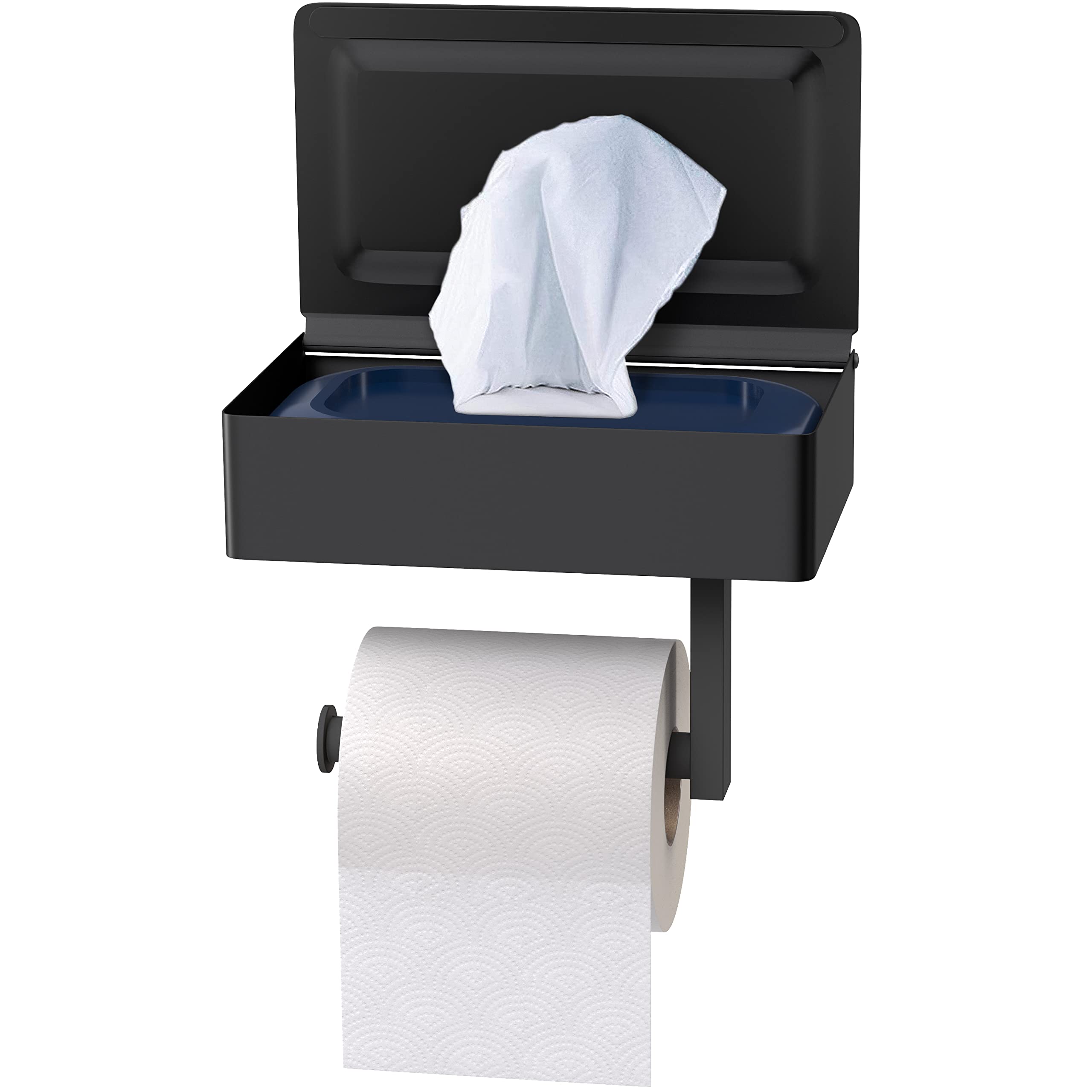 Matte Black Toilet Paper Holder with Shelf | SUS304 Stainless Steel Bathroom Storage Organizer | Wall Mount TP & Flushable Wipes Holder | Includes Screws & Adhesive | Perfect for Modern Bathrooms & Powder Rooms