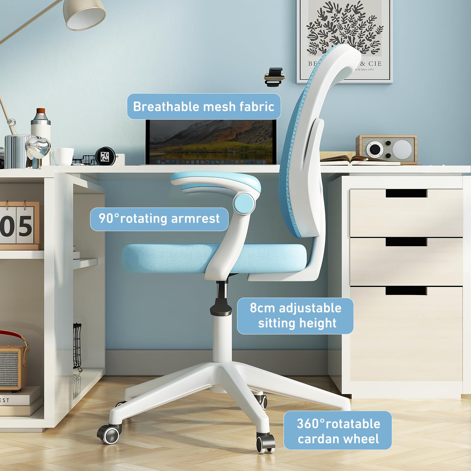 Adjustable Armrest Kids Desk Chair with Wheels - Ergonomic Study & Computer Chair for Boys & Girls - Perfect for Home Office, Online Learning & Gaming (Blue)
