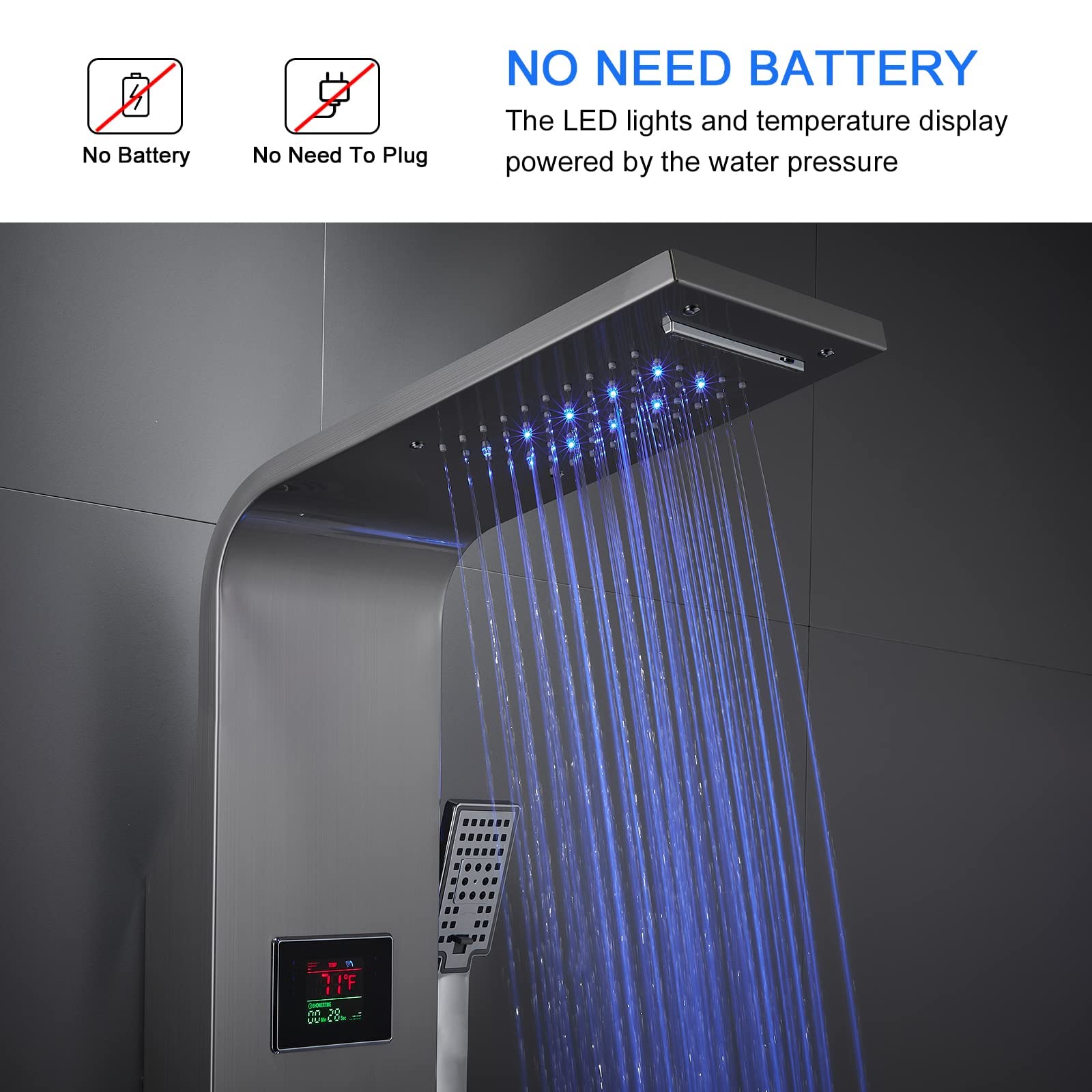 **MENATT LED Lights Shower Panel Tower System - SUS304 Stainless Steel Bathroom Shower Column with Rainfall & Waterfall Shower Head, Massage Jets, Tub Spout & Handheld Shower (Brushed) - Perfect for Modern Spa-Like Bathroom Upgrades**