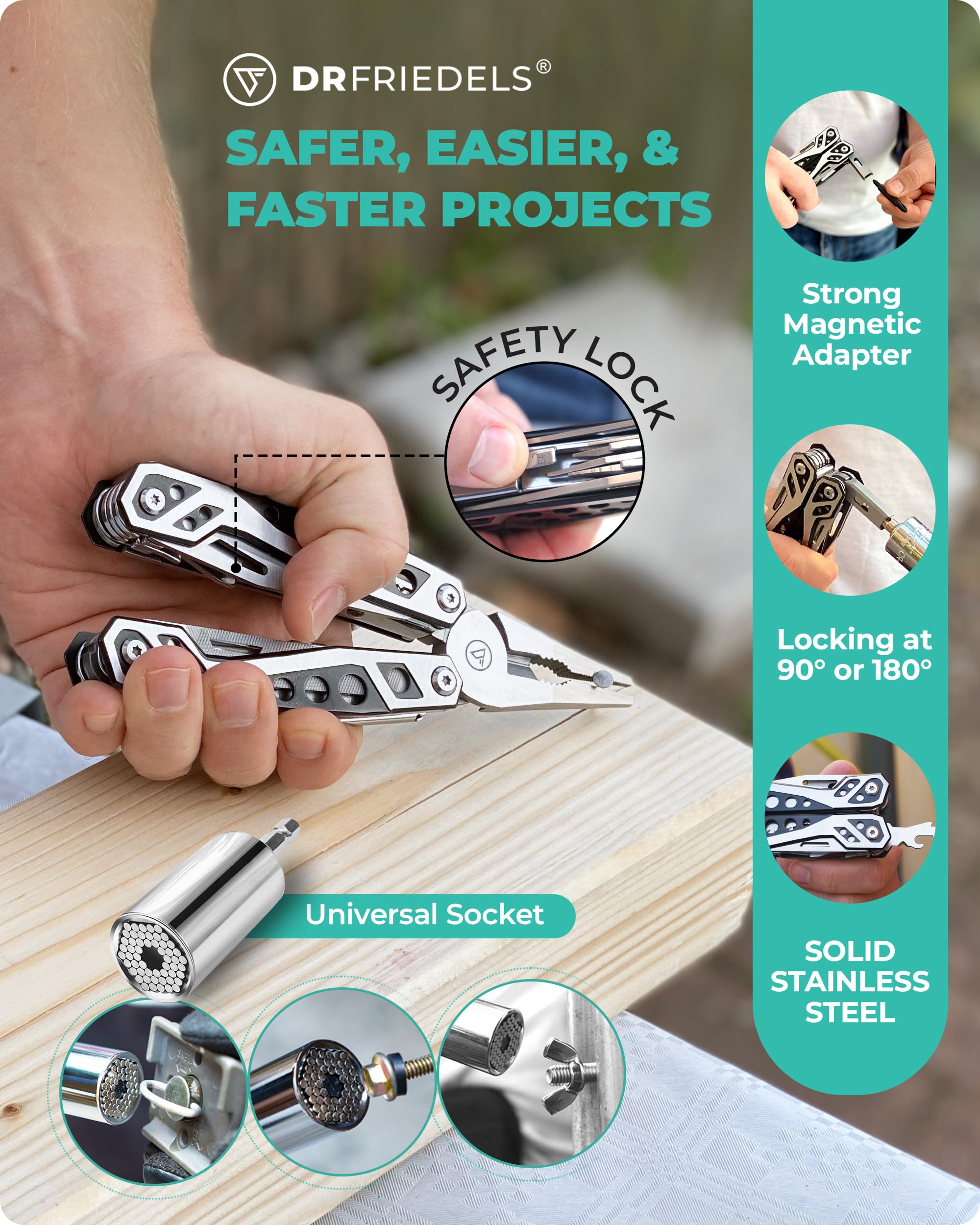 22-in-1 Multi-Tool with Universal Socket | Stainless Steel Pocket Knife with Saw, Wire Stripper & More | Compact DIY Tools for Camping, Hiking, Home Repair & Emergency Kits by DrFriedels