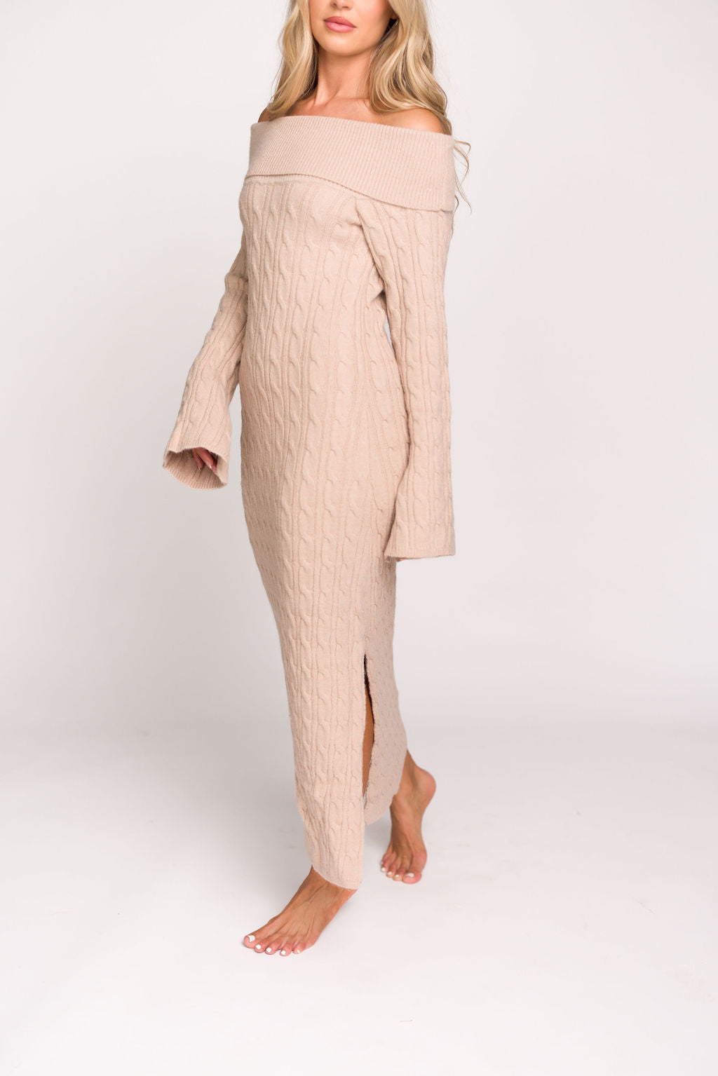 Carley Off the Shoulder Cable Knit Maxi Dress in Oatmeal - Elegant Long Sleeve Boho Sweater Dress for Women | Perfect for Fall, Winter, Date Nights & Holiday Parties