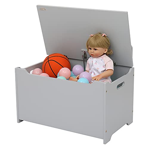 Wooden Toy Storage Chest with Bench Seat - Kids Toy Box Organizer for Bedroom & Playroom - Finger-Pinch Prevention Safety Design - Lift-Top Foot Rest Seat - Nursery, Entryway & Living Room Storage Solution (Gray)