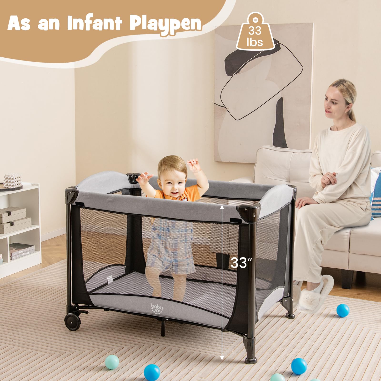 BABY JOY 4-in-1 Portable Baby Playard with Bassinet, Diaper Changing Table & Activity Center - Foldable Playpen with Toys & Storage Bag for Newborn to Toddlers (Dark Classic) | Perfect for Nursery, Travel & Indoor Outdoor Play
