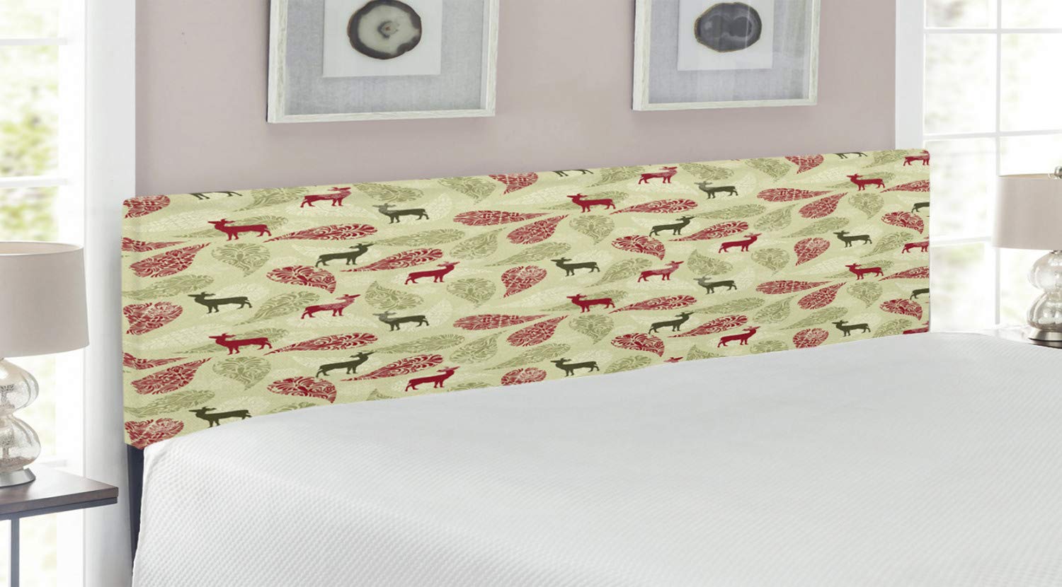 Ambesonne King Size Upholstered Deer Headboard with Memory Foam - Paisley Deer Ornate Swirled Abstract Christmas Design in Olive Green & Pale Green | Perfect for Bedroom Decor, Holiday Theme Rooms & Luxury Master Suites